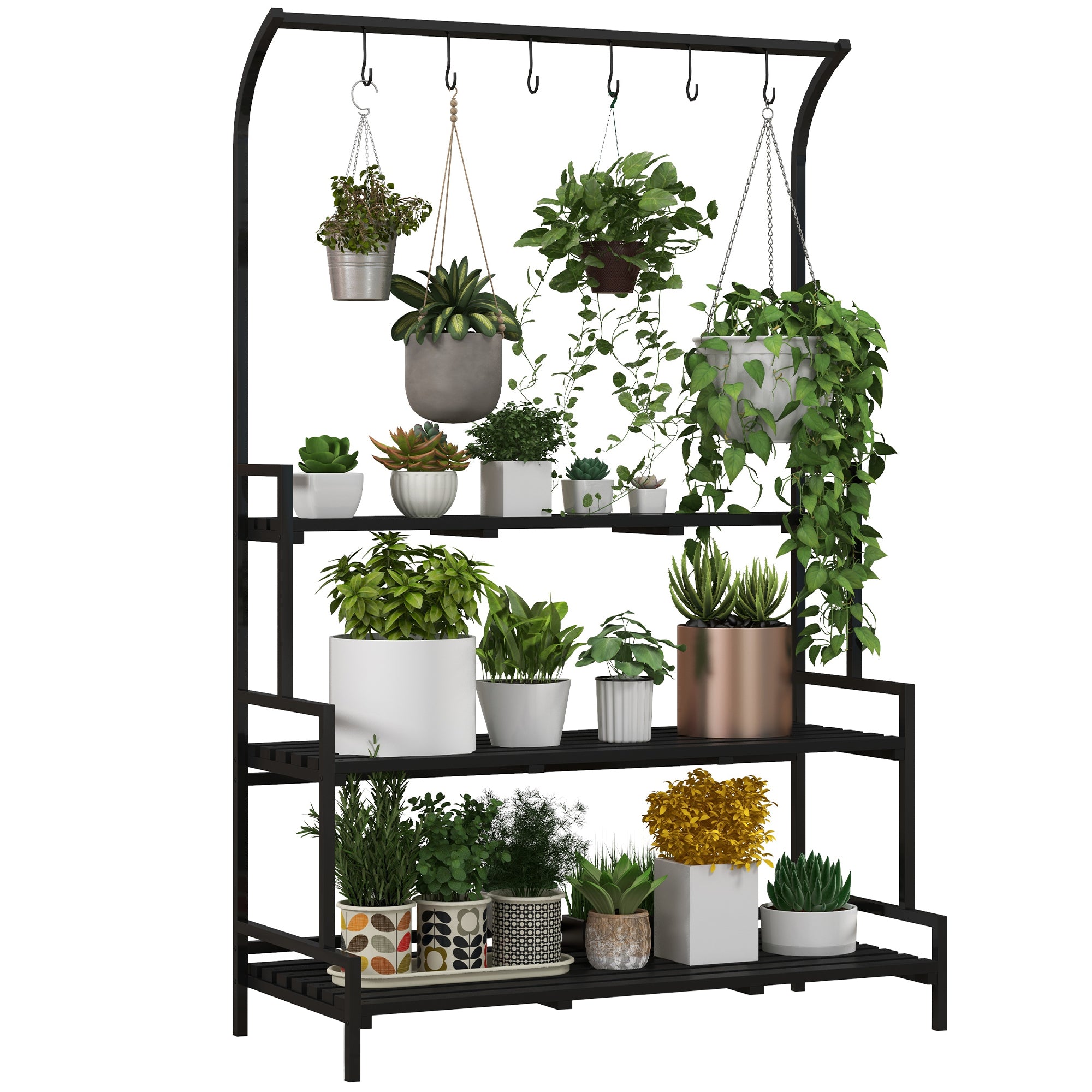 Outsunny 3 Tiered Plant Rack with Hanging Hooks, Tall Plant Stand for ...