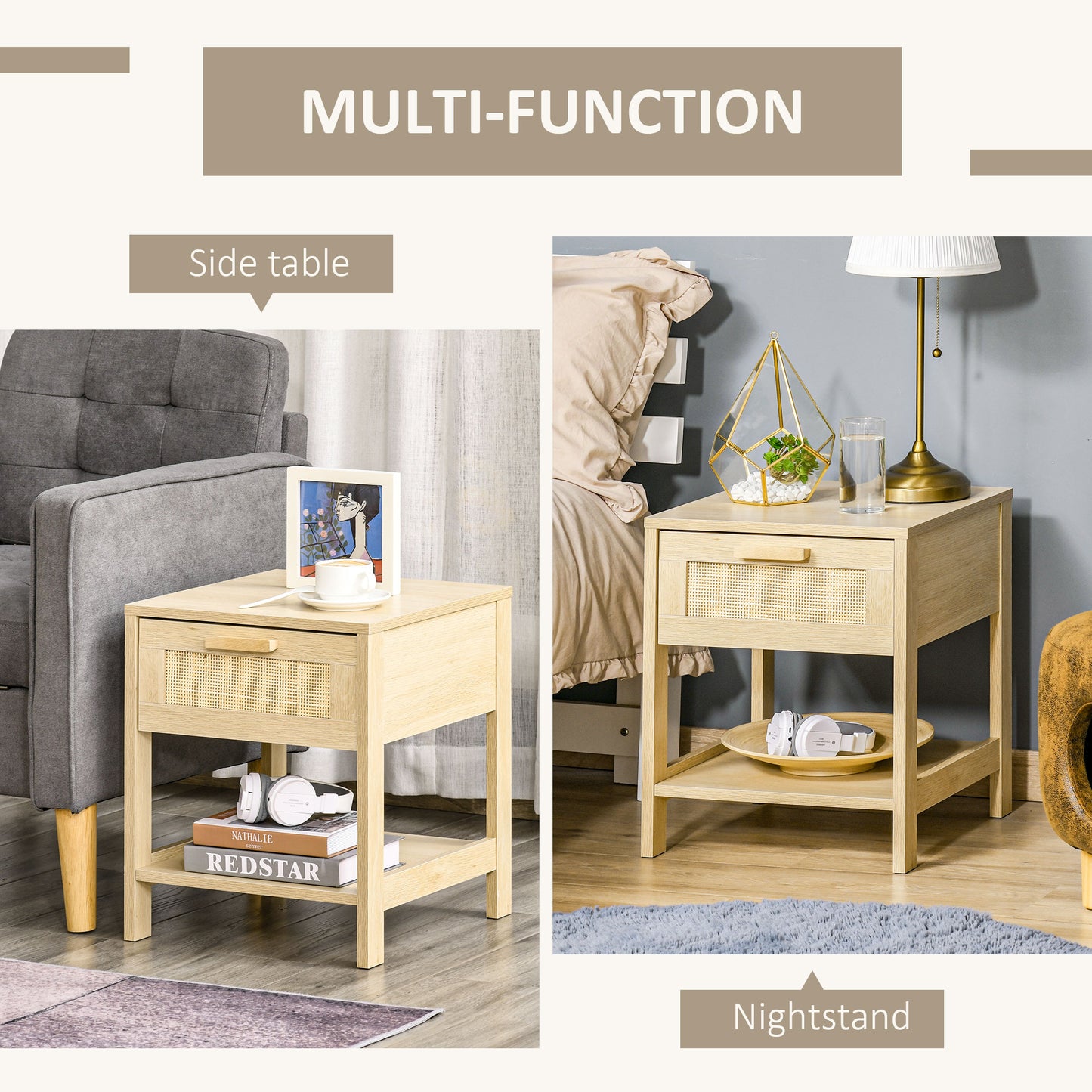HOMCOM Bedside Table Set of 2 with Rattan Drawer, Rustic Side Tables with Storage Shelf for Bedroom, Living Room, Natural