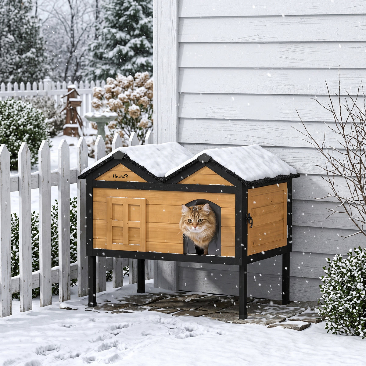 PawHut Wooden Cat House Outdoor Indoor with Weatherproof Asphalt Roof, Side Cleaning Door, PVC Curtain