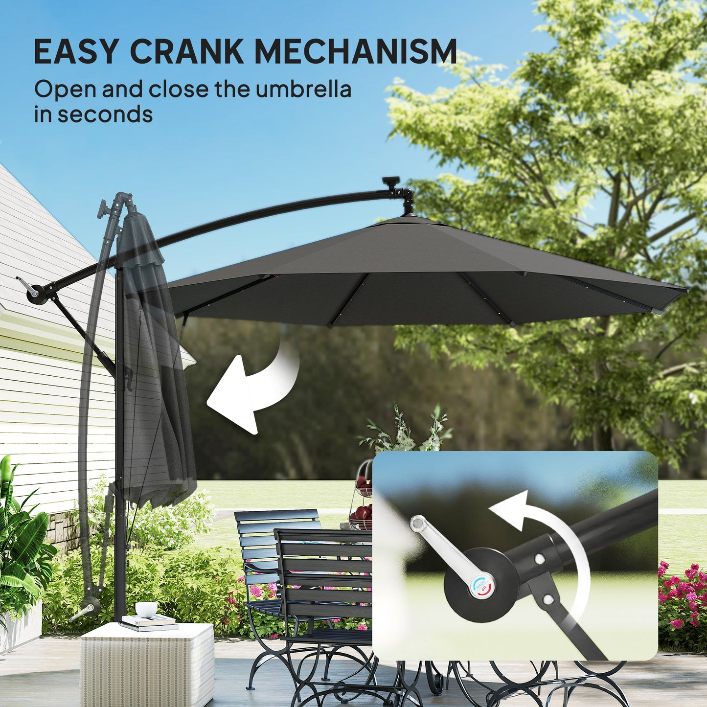 Outsunny 3 m Cantilever Parasol with Solar LED Lights Garden Umbrella with Cross Base, Black