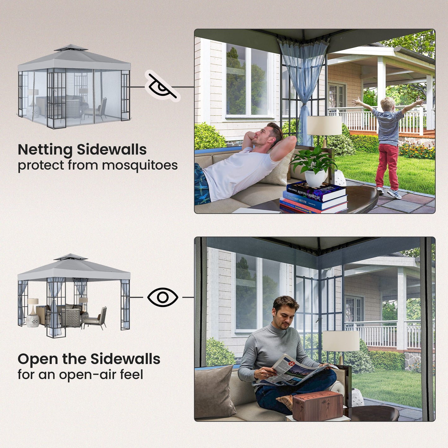 Outsunny 3 x 3(m) Patio Gazebo Canopy Garden Pavilion Tent Shelter with 2 Tier Roof and Mosquito Netting, Light Grey