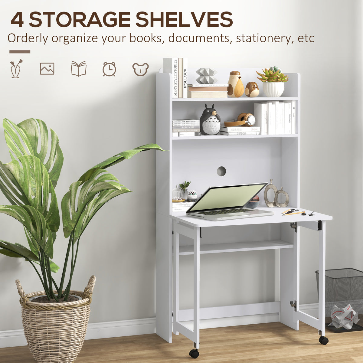 HOMCOM Foldable Desktop, Computer Desk with Storage Shelves, 80 x 69 x 155 cm, White