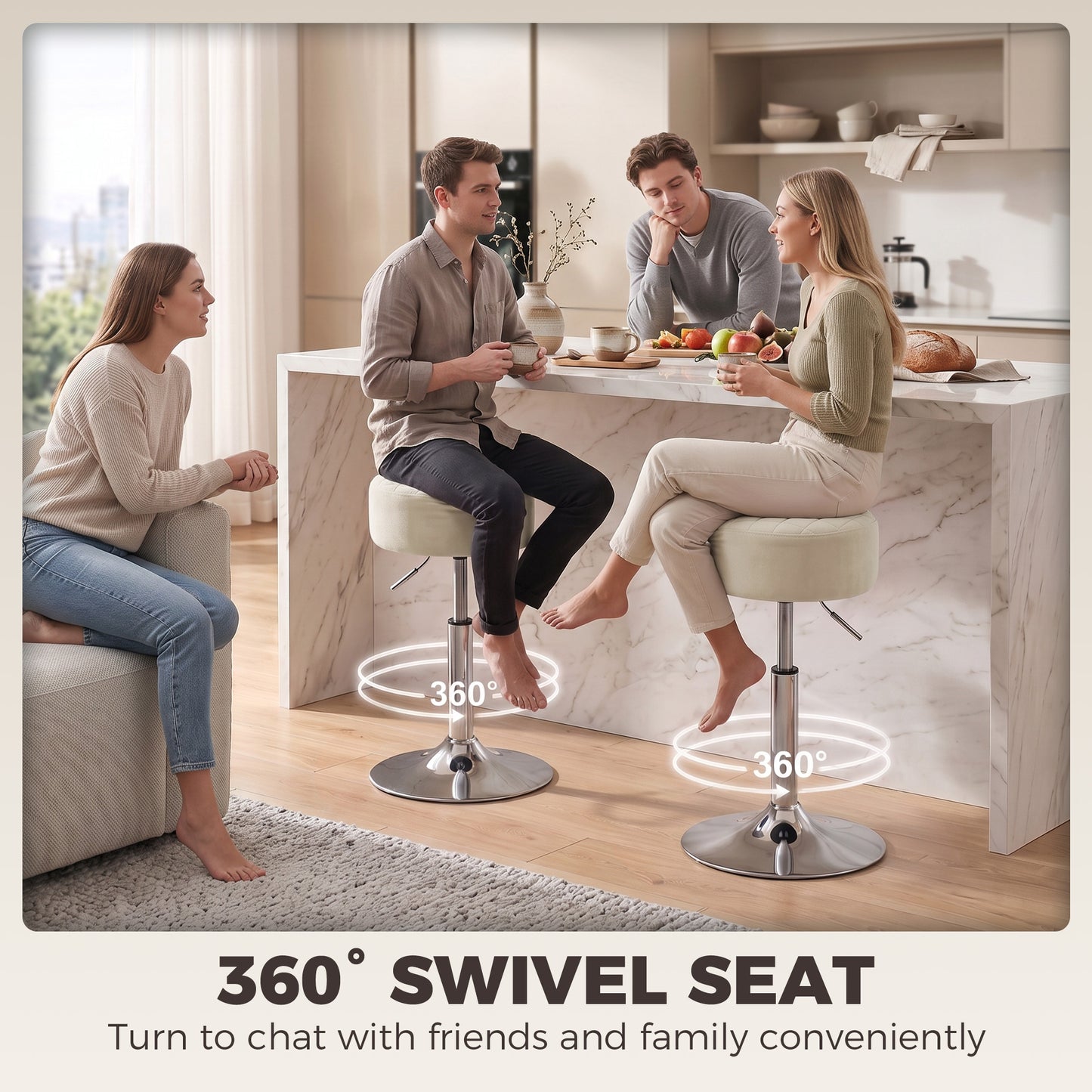 HOMCOM Bar Stool Adjustable Swivel Chair Velvet-Feel Seat 1 Piece, Beige