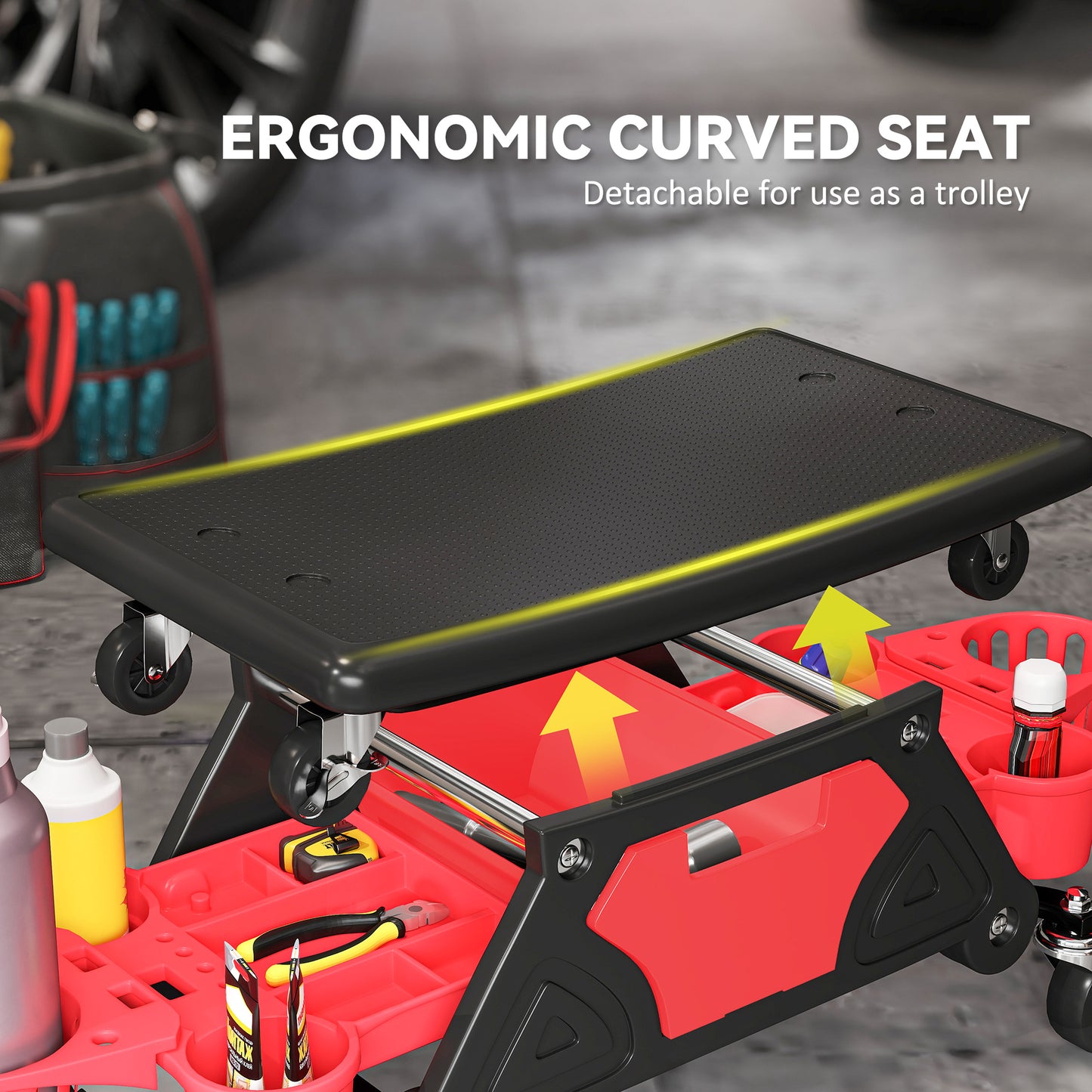 HOMCOM Rolling Mechanic Stool, 135kg Capacity Workshop Stool with 360° Swivel Wheels, Roller Creeper Seat with Slide Out Tool Trays, Drawer, Bottle Holders for Garage, Shop, Auto Repair, Red