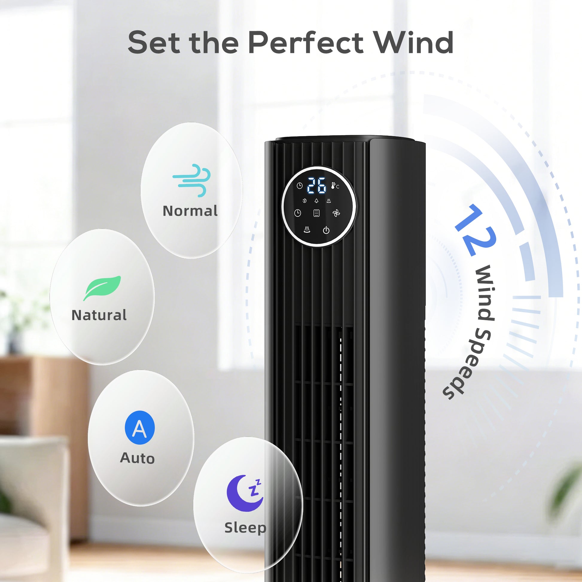 HOMCOM 28dB Tower Fan for Bedroom, 36 inch, 8 m/s Velocity Standing Cooling Fan with 80Â° Oscillating, BLDC Motor, 12 Speeds, LED Display, 4 Modes, 12H Timer, Remote Control, Black