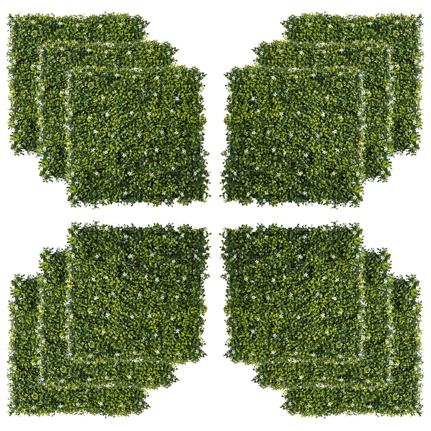 Outsunny 12PCS Artificial Boxwood Wall Panels 50cm x 50cm Grass Privacy Fence Screen Faux Hedge Greenery Backdrop Encrypted Milan Grass with White Flowers for Home Garden Backyard Balcony