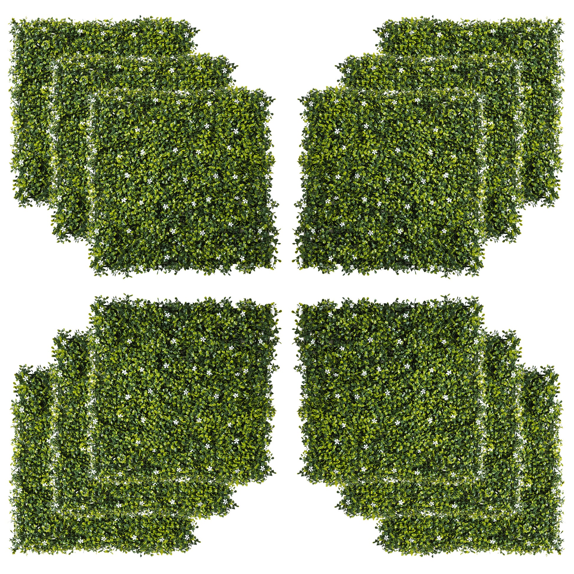 Outsunny 12PCS Artificial Boxwood Wall Panels 50cm x 50cm Grass Privacy Fence Screen Faux Hedge Greenery Backdrop Encrypted Milan Grass with White Flowers for Home Garden Backyard Balcony