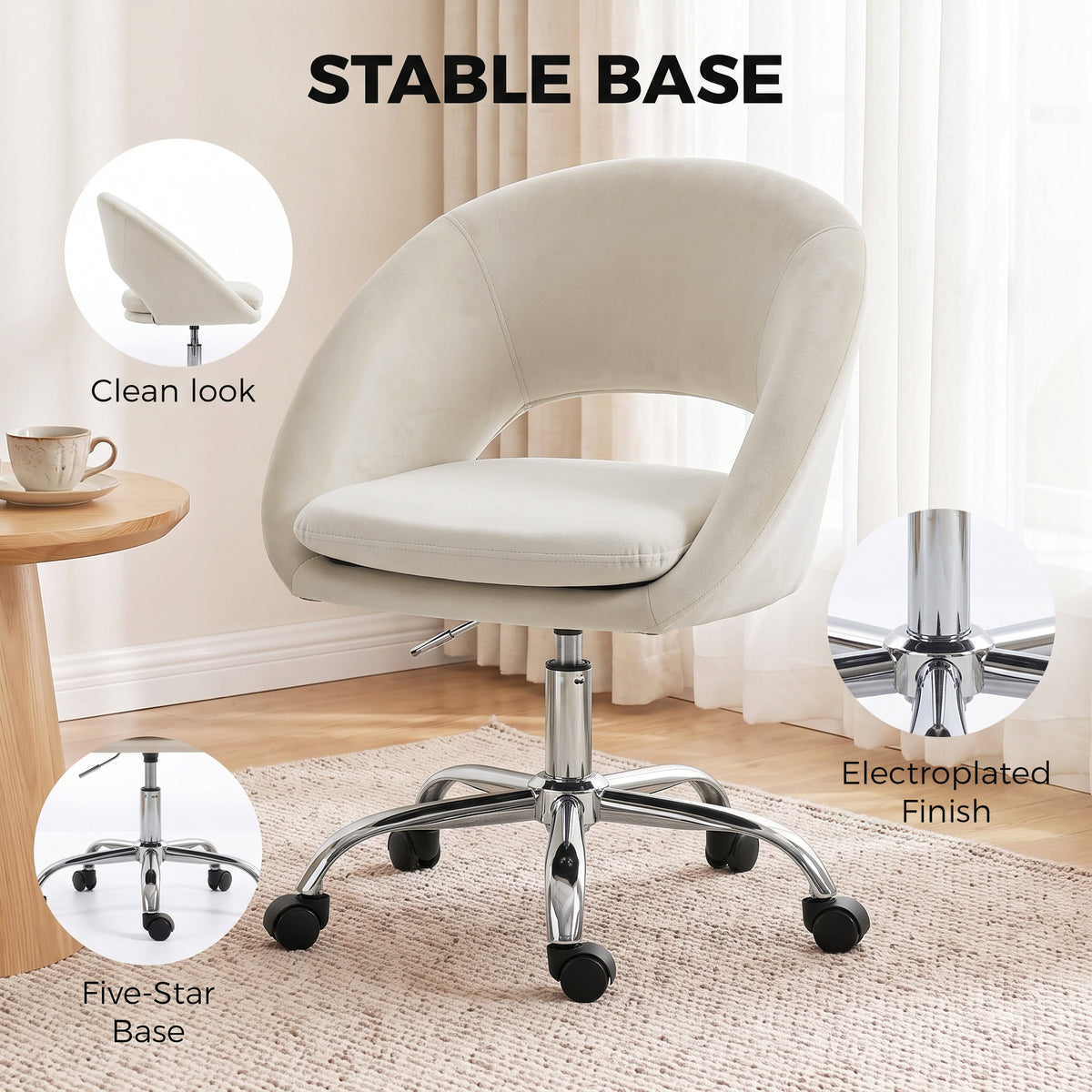 HOMCOM Velvet Desk Chair, Modern Office Chair with Height-Adjustable, Wheels, for Home Study Bedroom, Cream