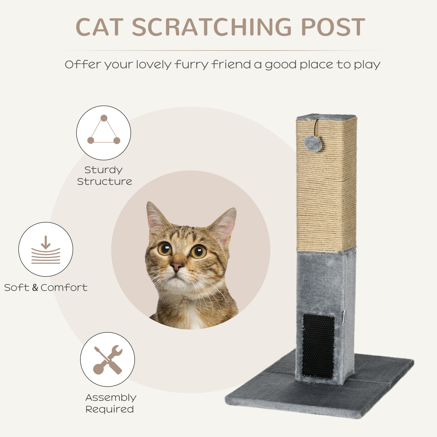PawHut Cat Tree Scratching Post for Indoor Cats 79cm Jute Scratcher Climber w/ Carpet Base Dangling Toy â€“ Grey