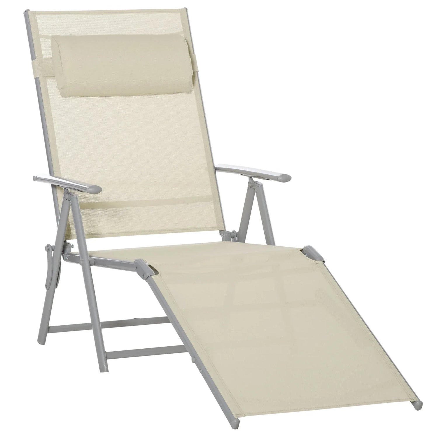 Outsunny Steel Fabric Sun Lounger Outdoor Folding Chaise Lounge Chair Recliner with Portable Design & 7 Adjustable Backrest Positions - Beige - LiamsBargains.co.uk