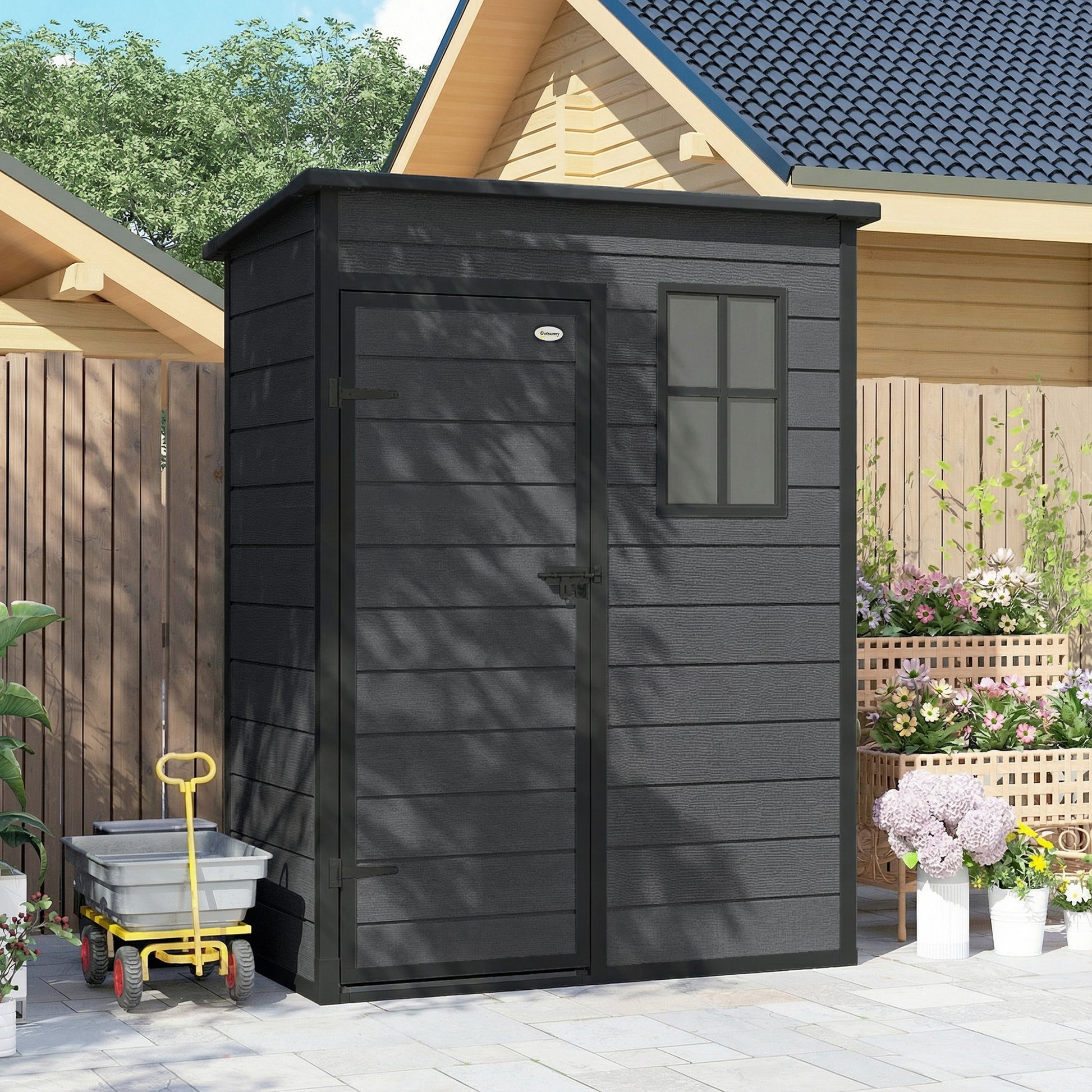 Outsunny 5' x 3' Garden Shed with Floor, Outdoor Storage Shed with Lockable Door, Window and Vent, Dark Grey