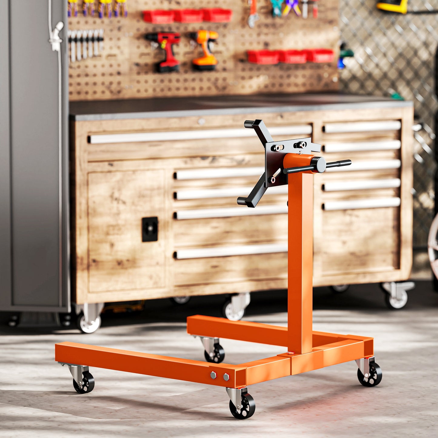 HOMCOM Engine Stand, 570 kg Rotating Engine Stand with 360 Degree Adjustable Head, 4 Mounting Arms, Heavy Duty Steel Support, Universal Wheels for Garage Workshop Auto Repair, Orange
