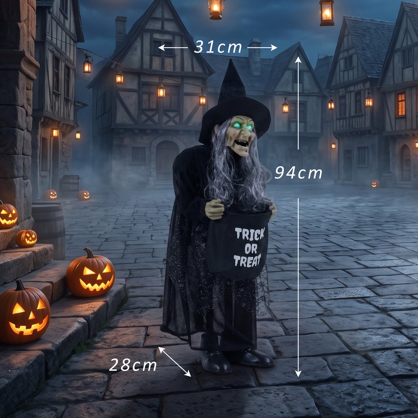 HOMCOM 94cm Animated Witch Halloween Decoration, Scary Halloween Animatronics Decor with Sound Touch Activated & Light Up Eyes