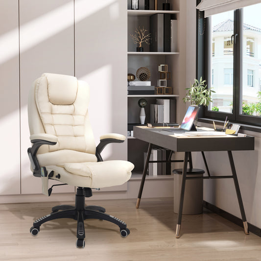 HOMCOM 6-Point Massage Office Chair with Seat Heated for Home Office, PU Leather High Back Executive Desk Chair with Adjustable Height and 360Â° Swivel for Work Study, Beige