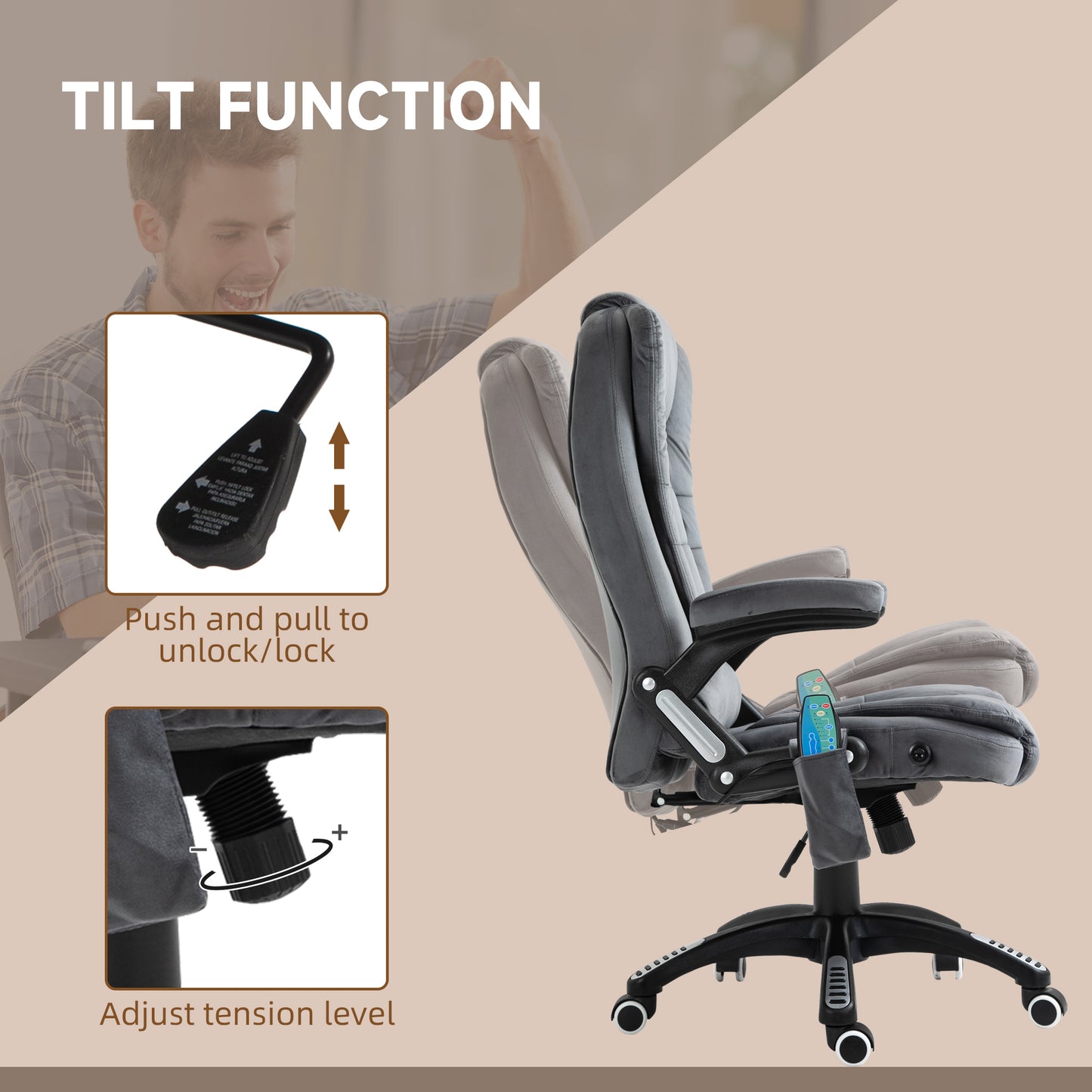 Vinsetto Massage Recliner Chair Heated Office Chair with Six Massage Points Velvet-Feel Fabric 360Â° Swivel Wheels Grey