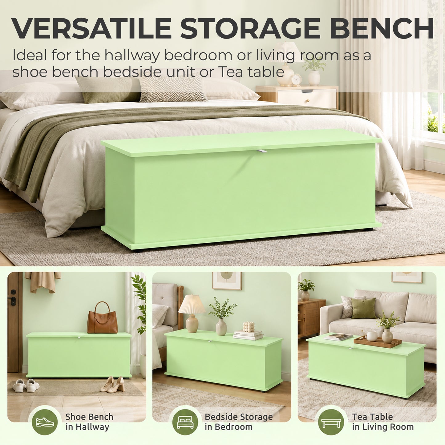 HOMCOM 114L Large Storage Chest, Green Bench Trunk with Safety Hinge for Bedroom, Living Room & Entryway