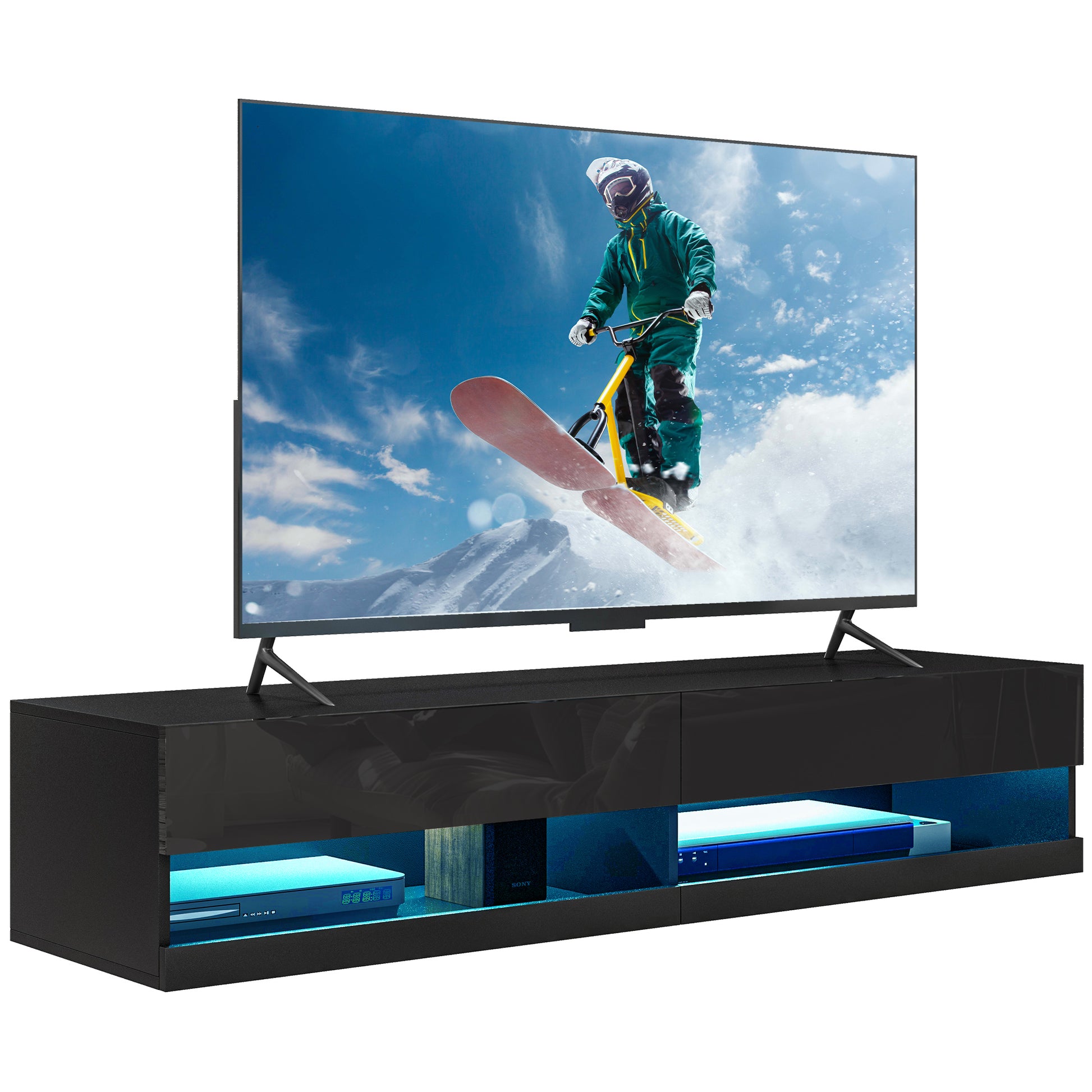 HOMCOM Floating TV Unit, Wall Mounted TV Cabinet for TVs up to 65", High Gloss Media Wall Unit with LED Lights, Storage Shelves, APP Control for Living Entertainment Room, Black