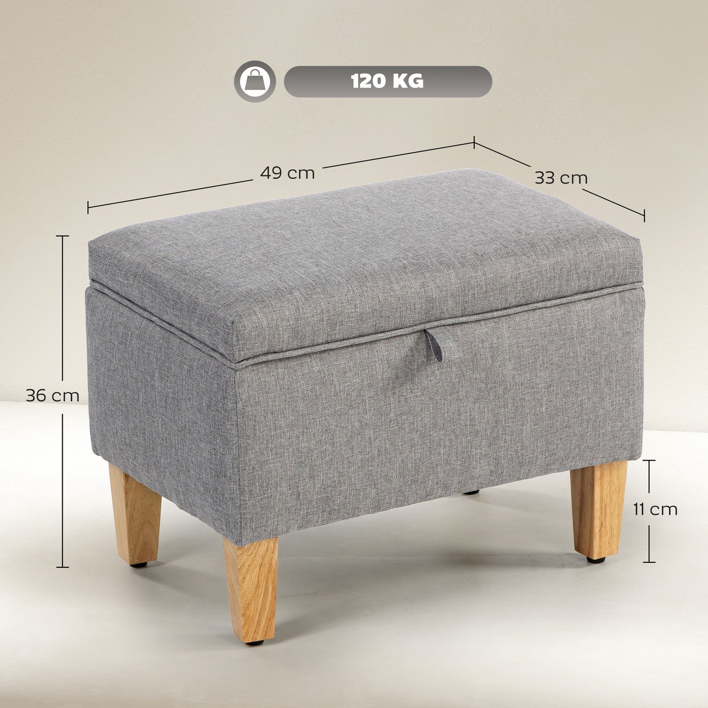 HOMCOM 16L Linen Storage Ottoman Padded Footstool with Rubberwood Legs for Storage Box, Bed End, Shoe Bench, Seating, Light Grey