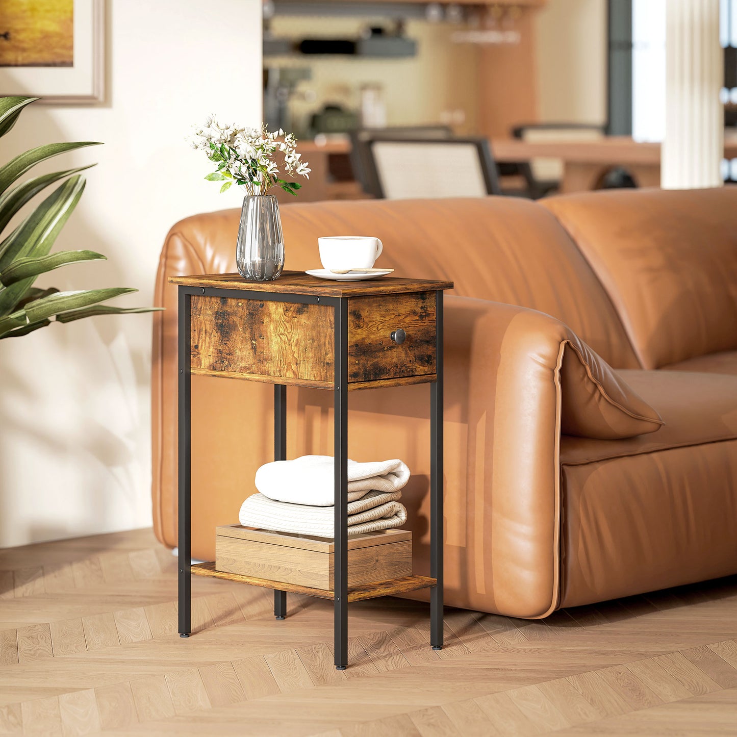 HOMCOM Narrow Side Table with Drawer and Storage Shelf - Rustic Brown