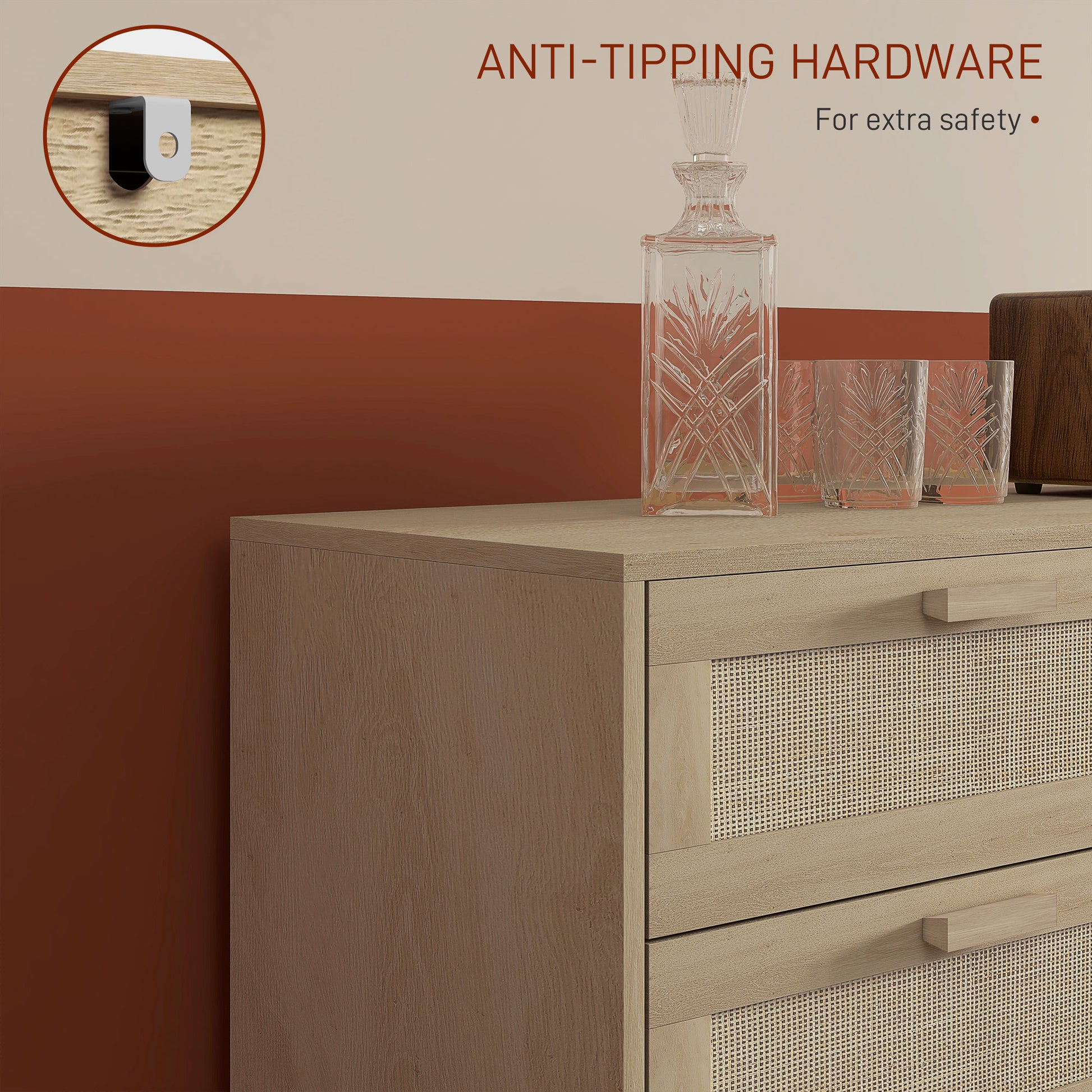 HOMCOM Chest of Drawers, 6-Drawer Dresser, Tall Storage Drawer Unit with Rattan Element for Bedroom, Living Room, Oak