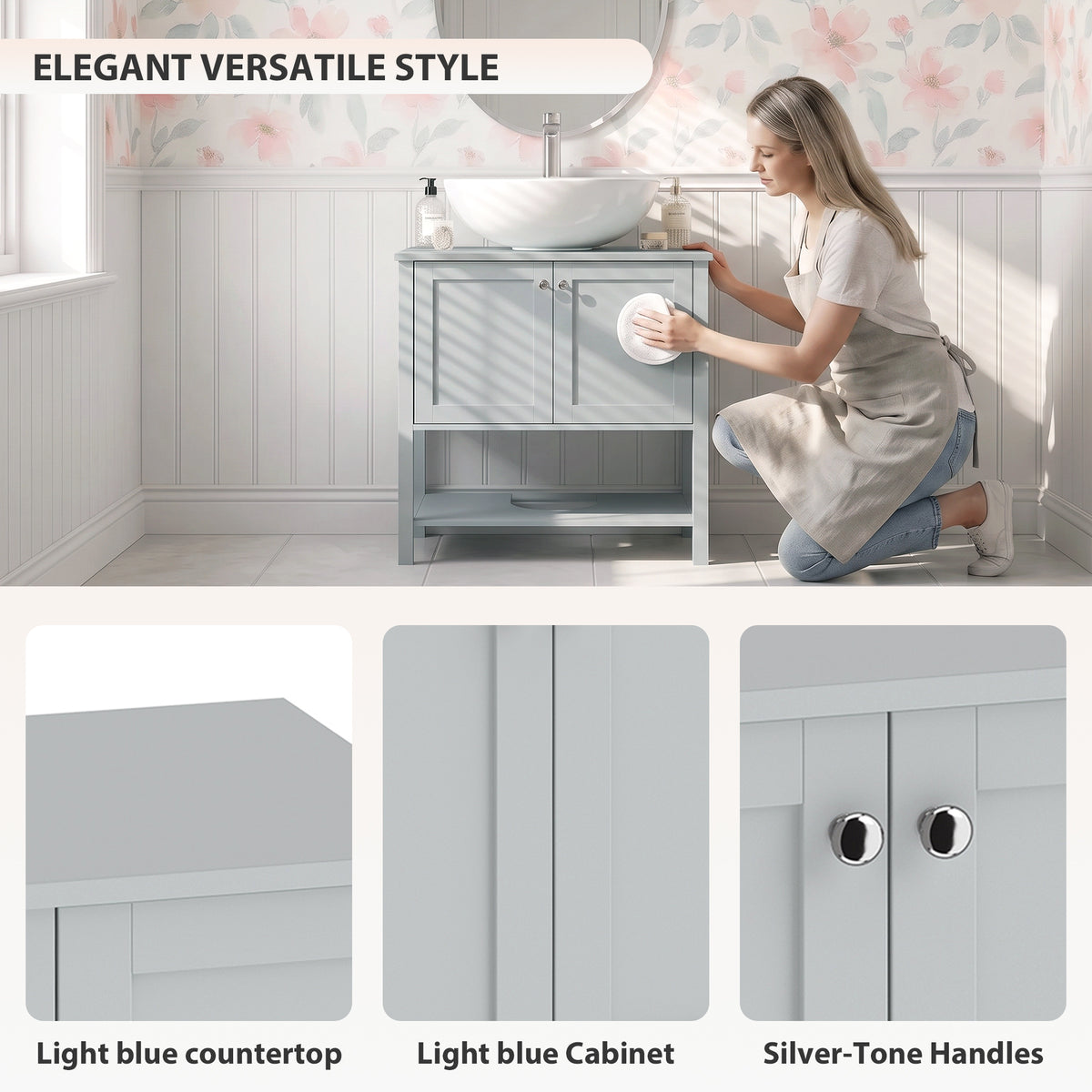 HOMCOM Under Sink Bathroom Cabinet with 2 Doors, Open Shelf and U-Shape Cut-Out for Basin with or without Pedestal, Light Blue