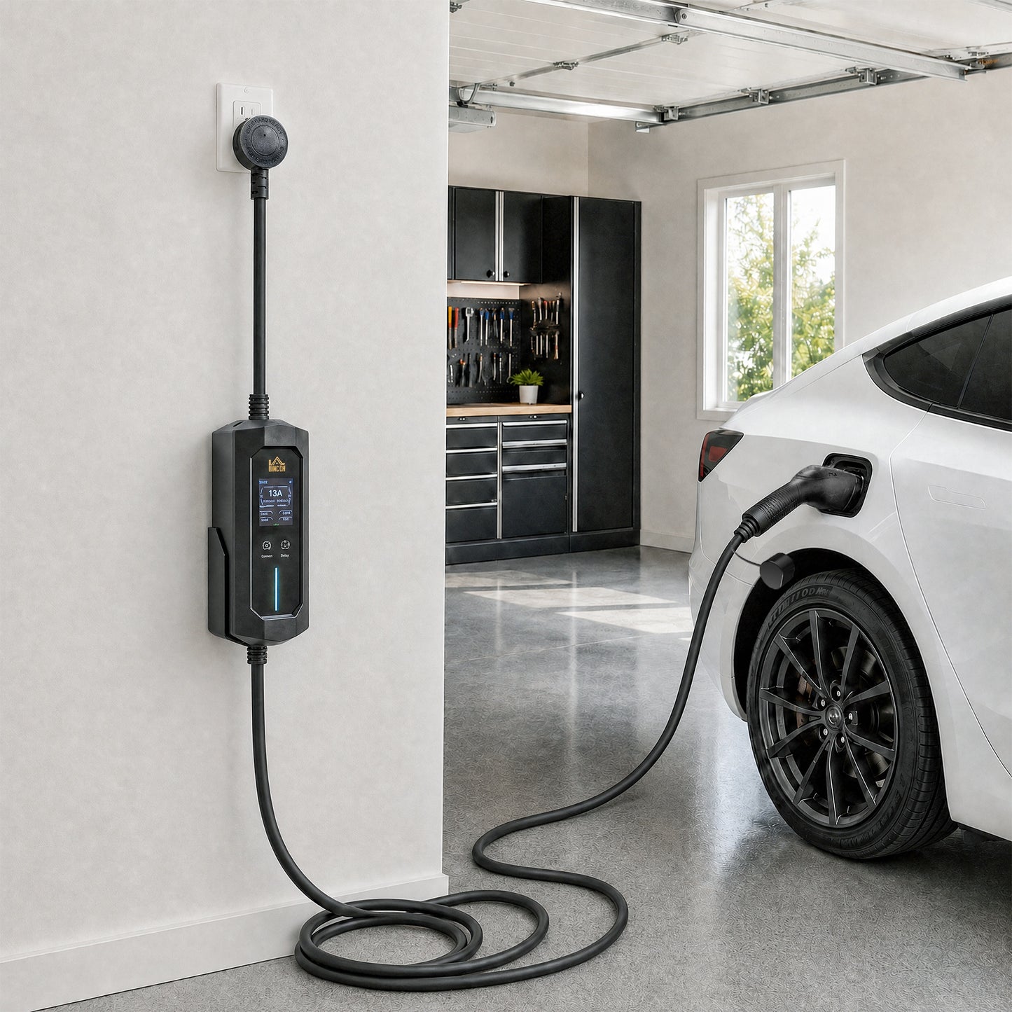 HOMCOM EV Charger Type 2 to 3 Pin Plug, 10 m, 2.8 kW, 6-13 A, Electric Car Charger Type 2 Charging Cable w/ 1-12 h Time Delay