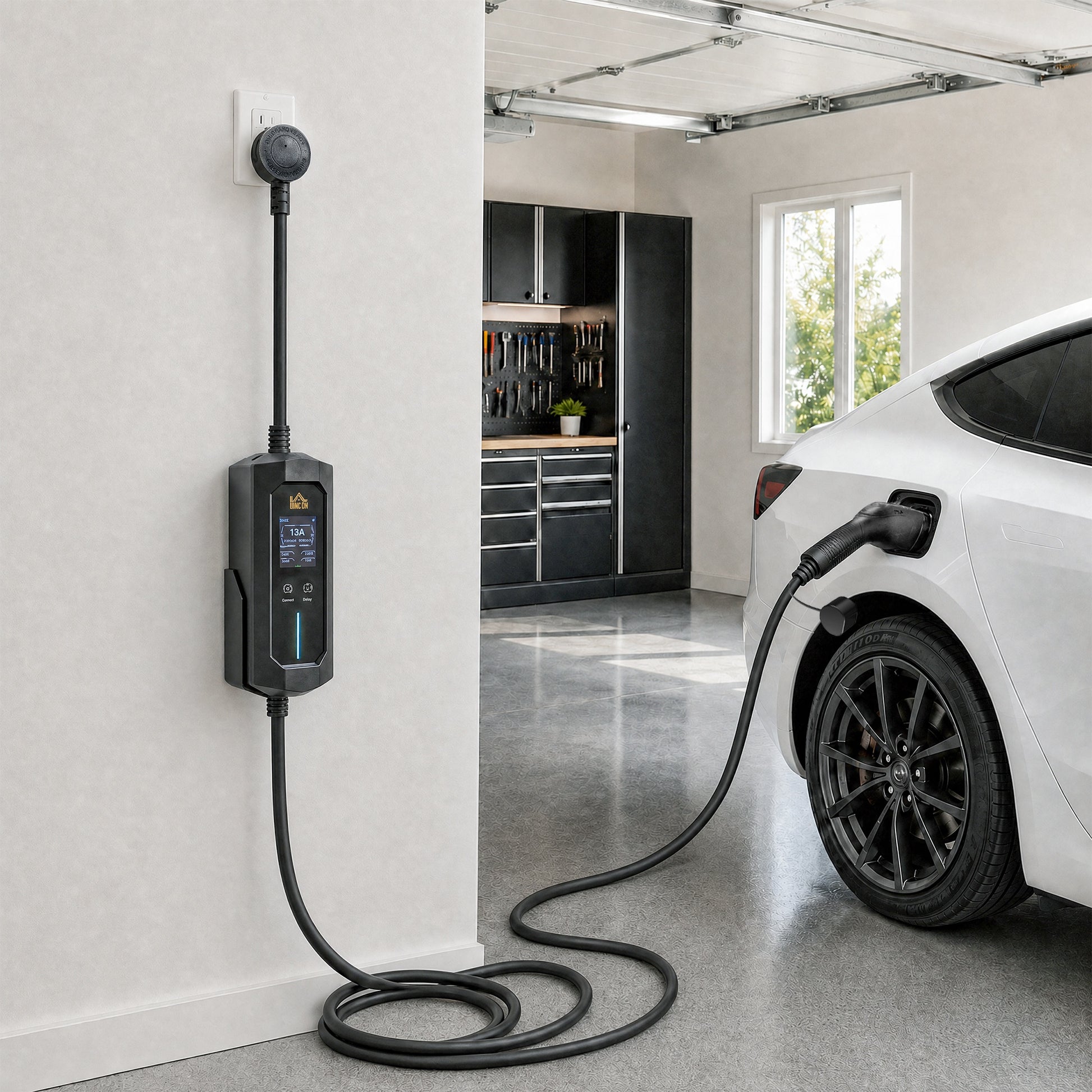 HOMCOM EV Charger Type 2 to 3 Pin Plug, 10 m, 2.8 kW, 6-13 A, Electric Car Charger Type 2 Charging Cable w/ 1-12 h Time Delay