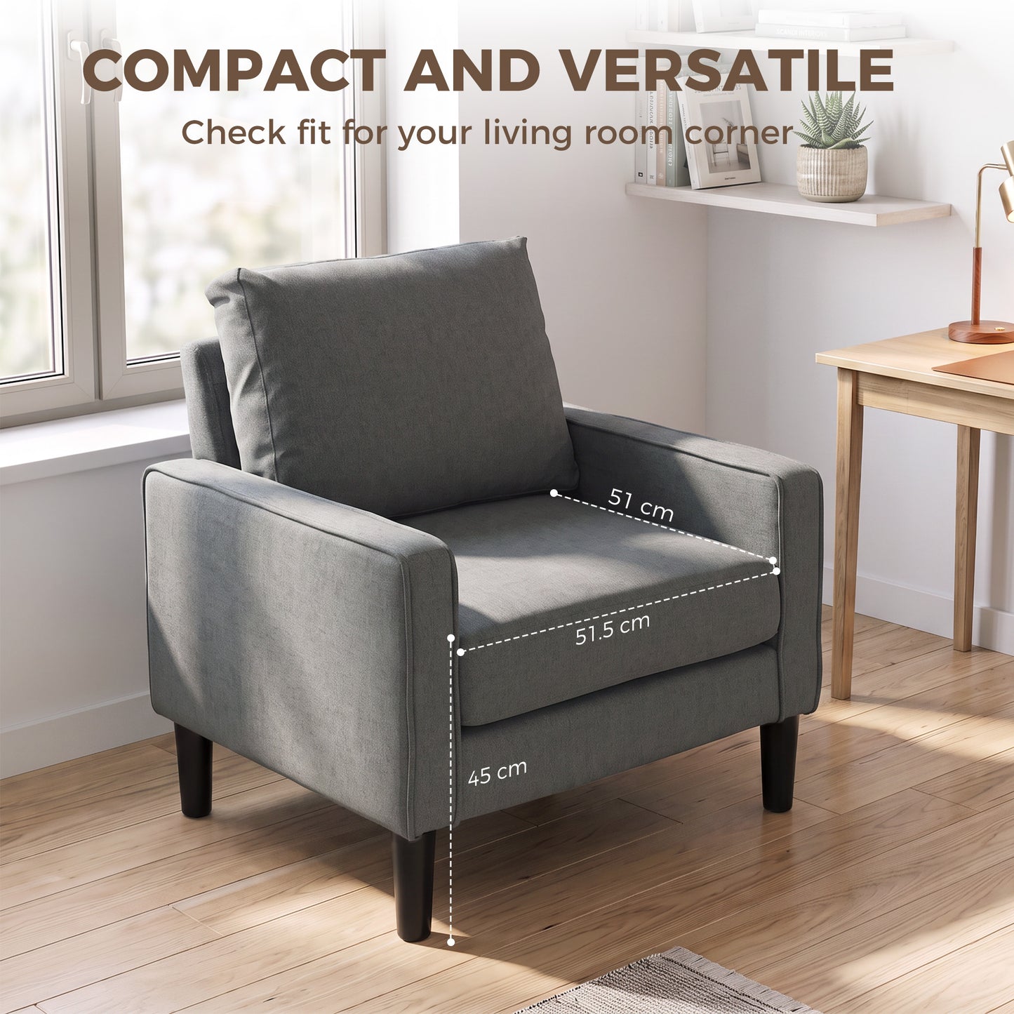 HOMCOM Accent Chair, Removable Pillow Linen Armchair with Comfy Spring Cushion for Living Room, Bedroom, Study, Dark Grey