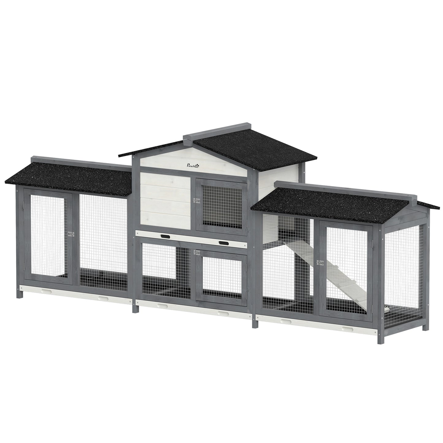 PawHut 2-Tier Large Rabbit Hutch Outdoor with Double Side Run Boxes, No-leak Plastic Tray, Ramp, 230 x 53 x 93.5cm, Light Grey
