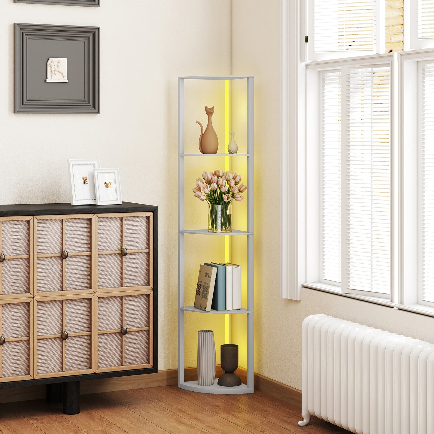 HOMCOM RGB LED Floor Lamp with Shelves, 5-Tier Dimmable Standing Lamp with Adjustable Brightness and Remote Control, Modern Corner Display Shelf Unit for Living Room Bedroom Office, Grey