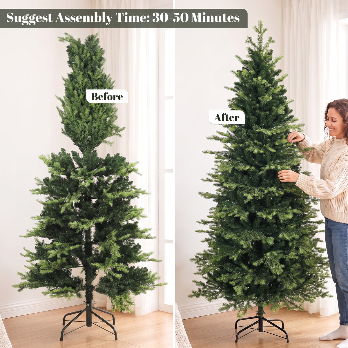 HOMCOM Geneva Fir Hinged Xmas Tree, 7ft/210cm Artificial Christmas Tree with 2079 Branch Tips, Foldable Steel Stand, Green