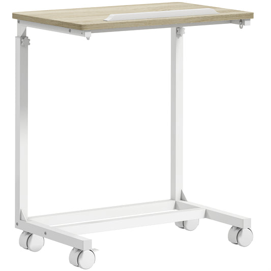 HOMCOM C-Shaped Sofa Side Table, Height Adjustable Overbed Table with Tilting Desktop, Mobile Laptop Desk for Living Room Bedroom, Oak and White