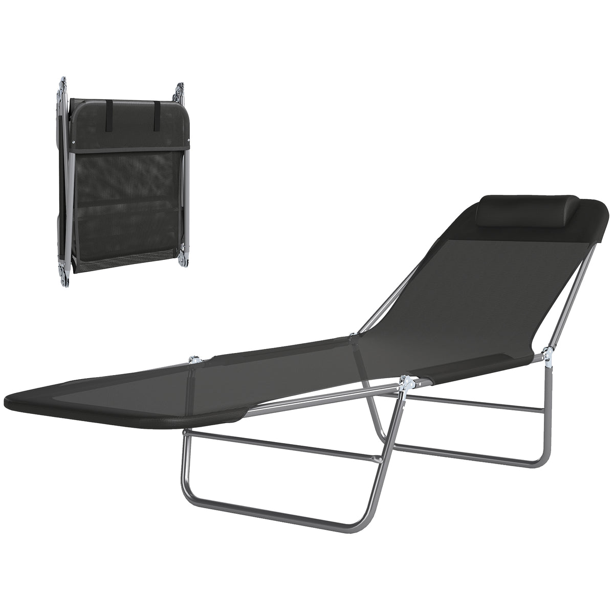 Outsunny Folding Sun Lounger, Texteline Reclining Sun Bed with 5 Position Adjustable Backrest, Headrest, Black