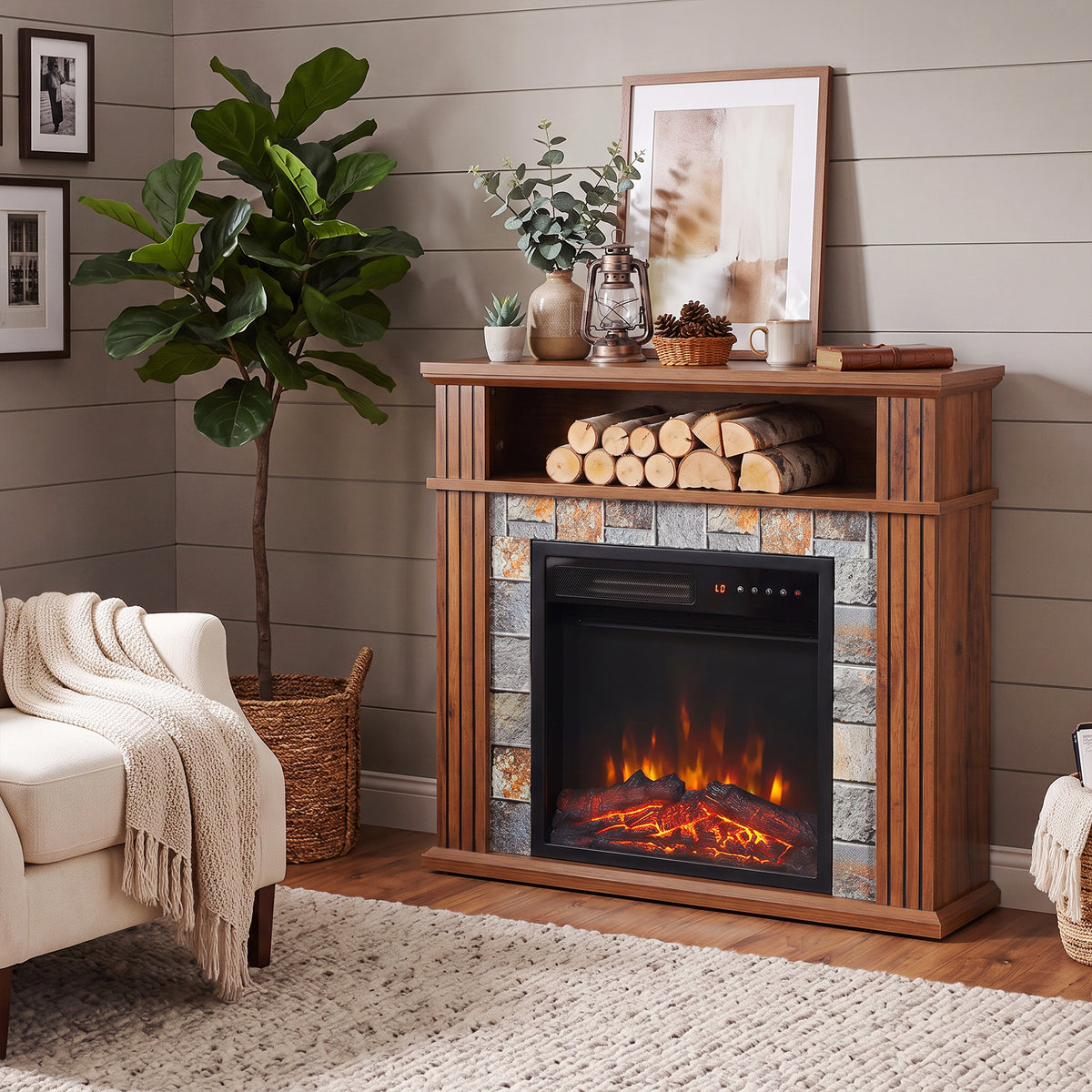 HOMCOM Freestanding Electric Fireplace Suite, 1800W, Open Shelf, Electric Fire and Surround with LED Flame, Remote, Grey