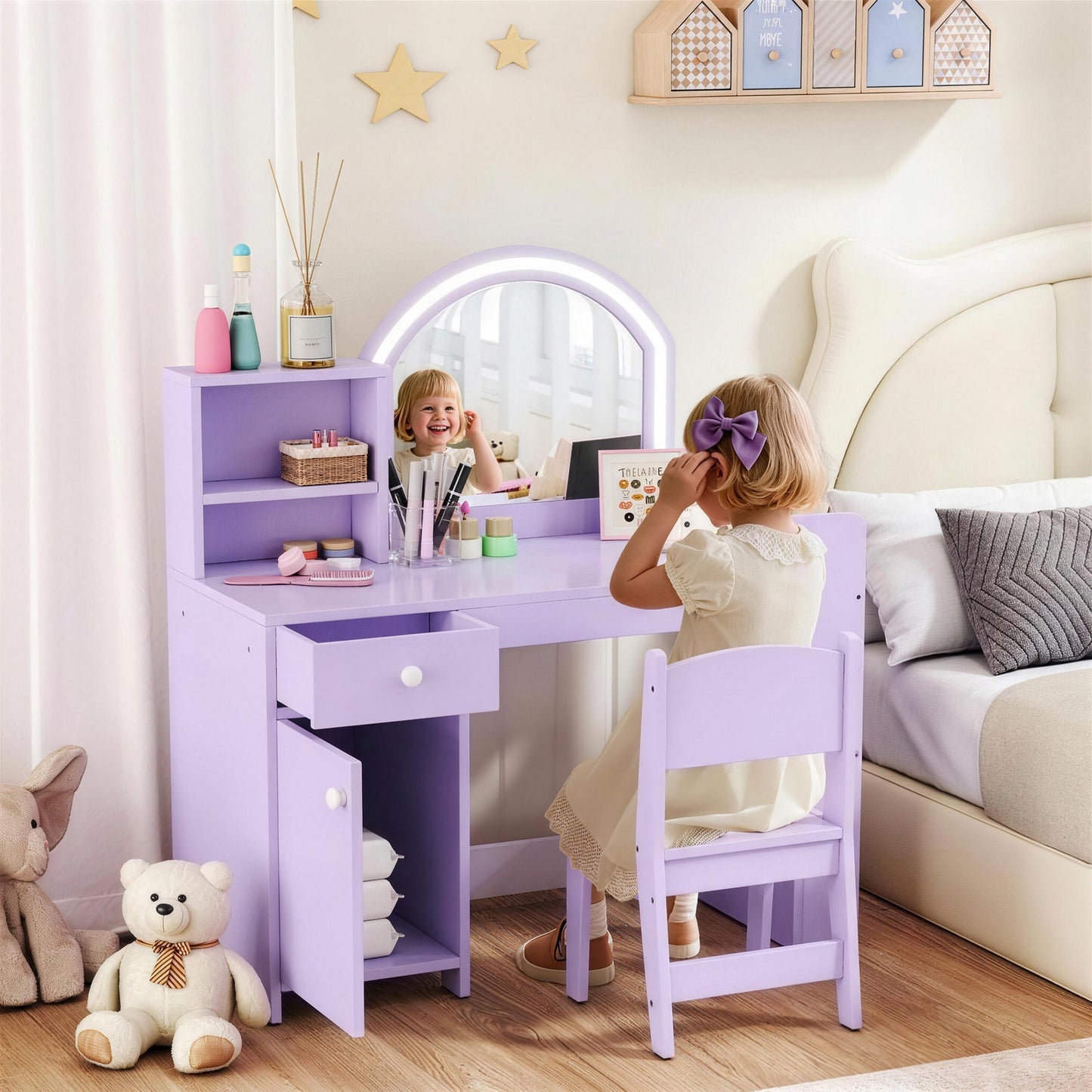 AIYAPLAY Kids Vanity Table and Chair Set, Girls Dressing Table with 2-Colour LED Mirror, Stool, Cabinet, Drawer, Shelves, Purple