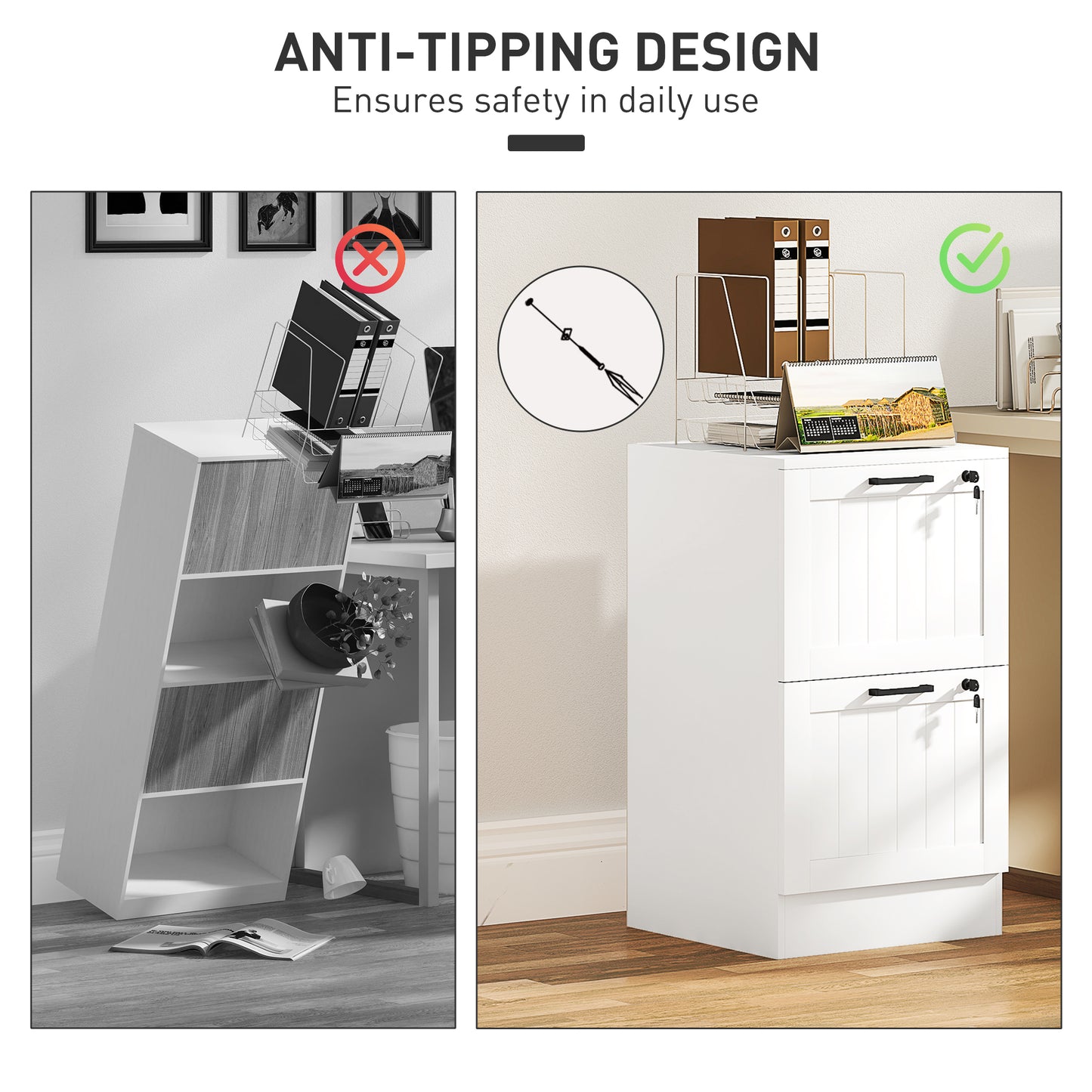 HOMCOM 2 Drawer Filing Cabinet with Lock, Office Storage Cabinet with Adjustable Hanging Bars for A4 Letter Size Files, White