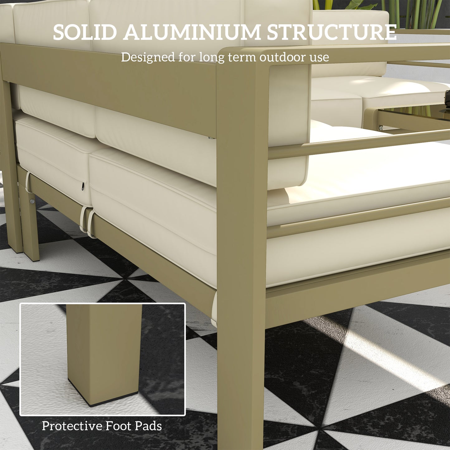 Outsunny 5-Piece Garden Corner Sofa Set with Cushions, 6 Seater Aluminium Garden Furniture Set with Glass Top Coffee Table, Patio Sectional Conservatory Furniture for Patio & Terrace, Gold Tone