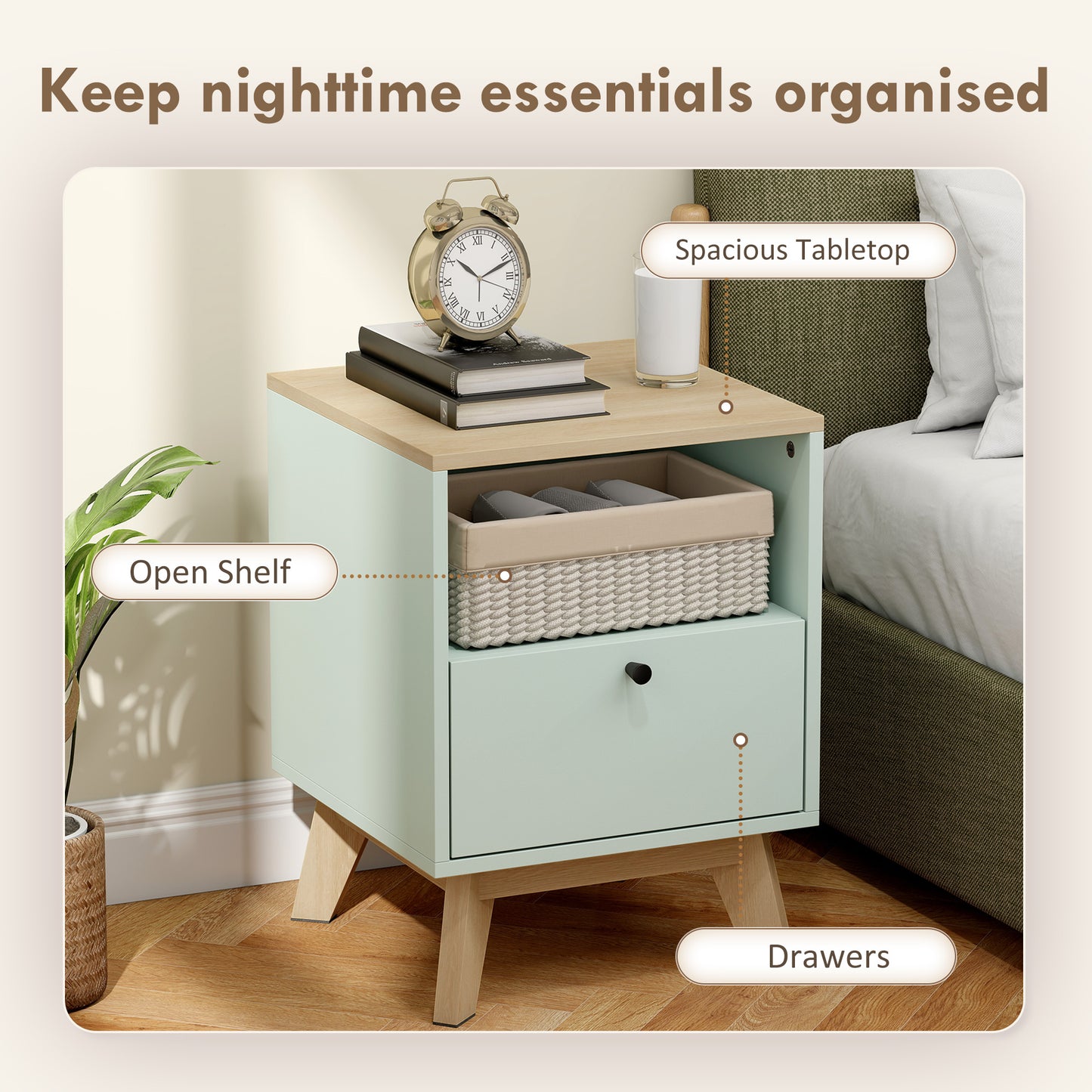 HOMCOM Modern Nightstand Set of 2, Bedside Table with Drawer and Open Shelf, Side End Table for Bedroom, Light Green