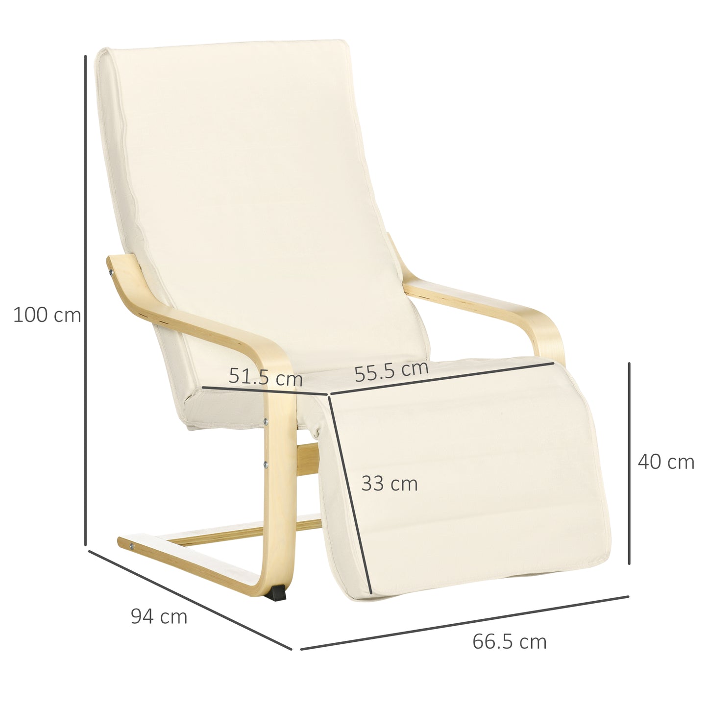 HOMCOM Wooden Armchair, Upholstered Linen Lounge Chair with Adjustable Footrest & Removable Cushion, Poang Chair for Living Room, Cream White