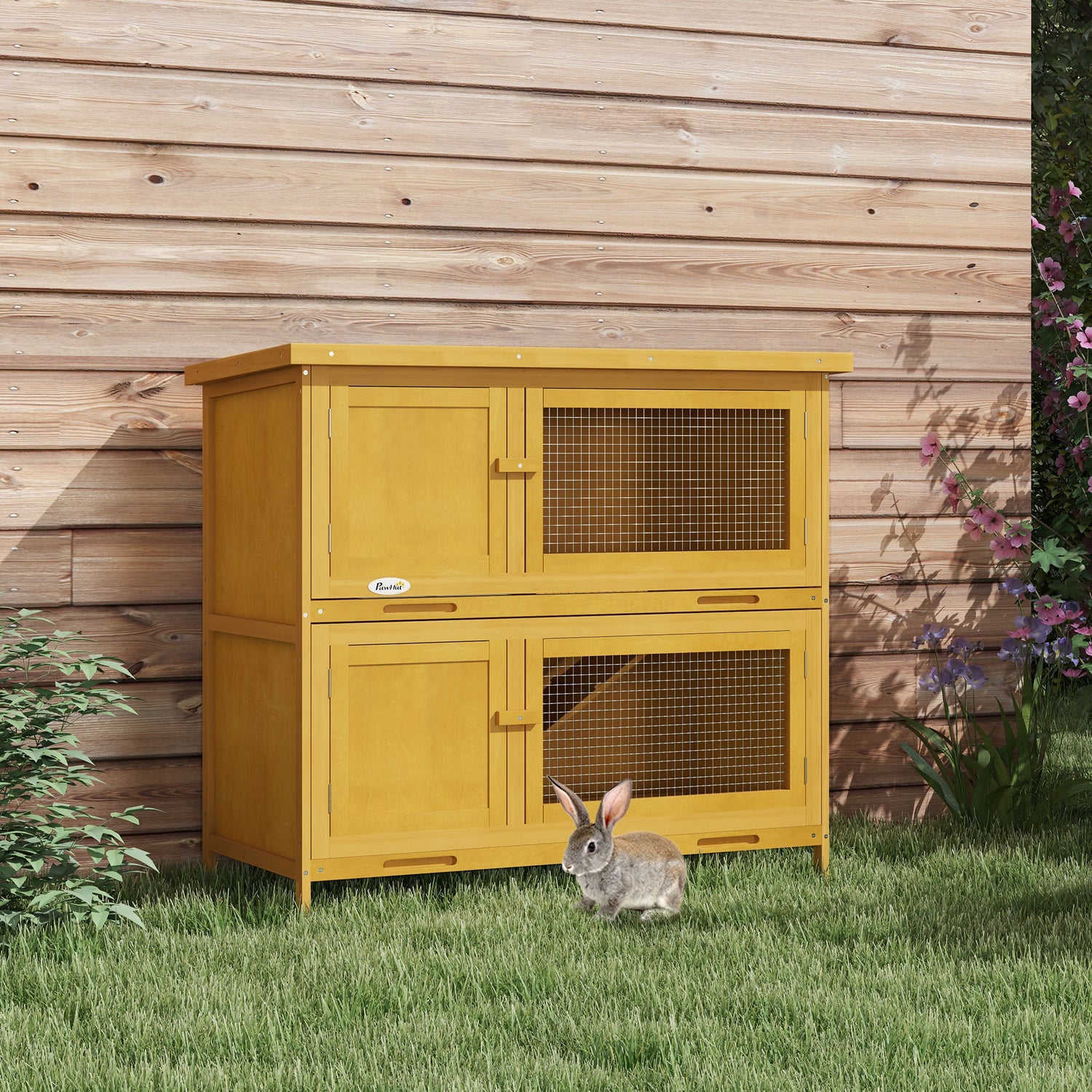PawHut Double Decker Rabbit Hutch 2 Tier Guinea Pig House Pet Cage Outdoor with Sliding-out Tray, 97 x 44 x 91cm, Yellow - LiamsBargains.co.uk