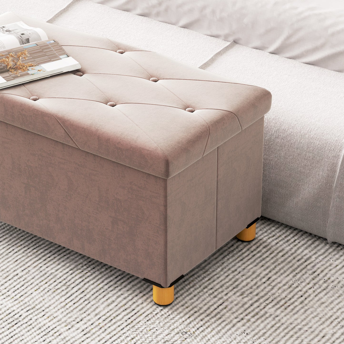 HOMCOM Velvet Upholstered Foldable Ottoman Footrest, Storage Ottoman Bench with Wood Legs for Living Room, Pink