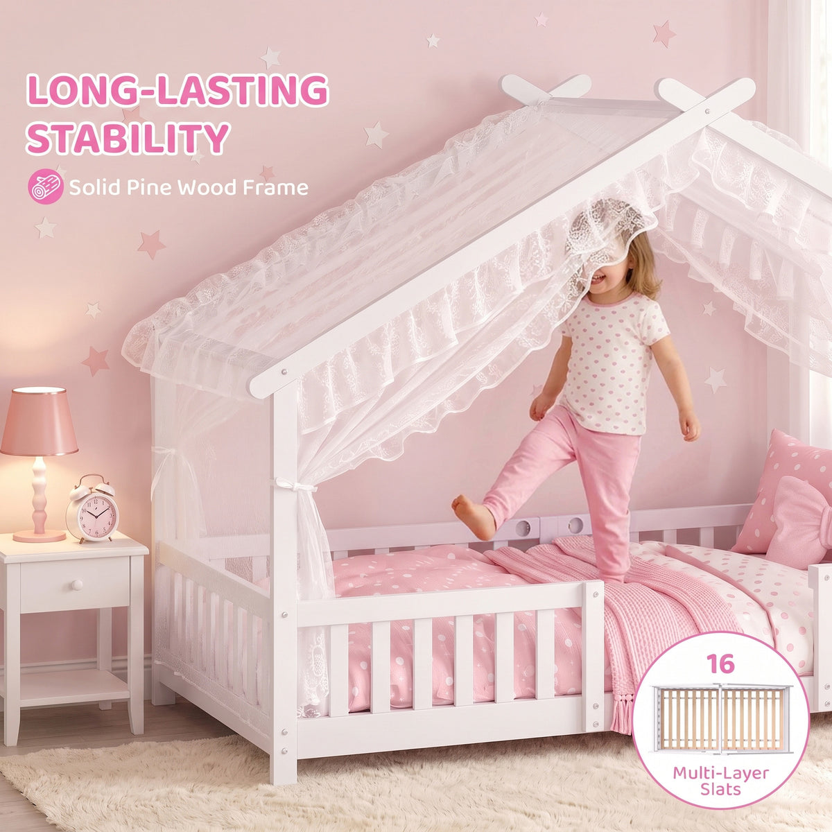 AIYAPLAY Wooden Kids House Single Bed Frame, Solid Pine Wood Toddler Bed with Dual Guardrails for Children, Boys, Girls, White