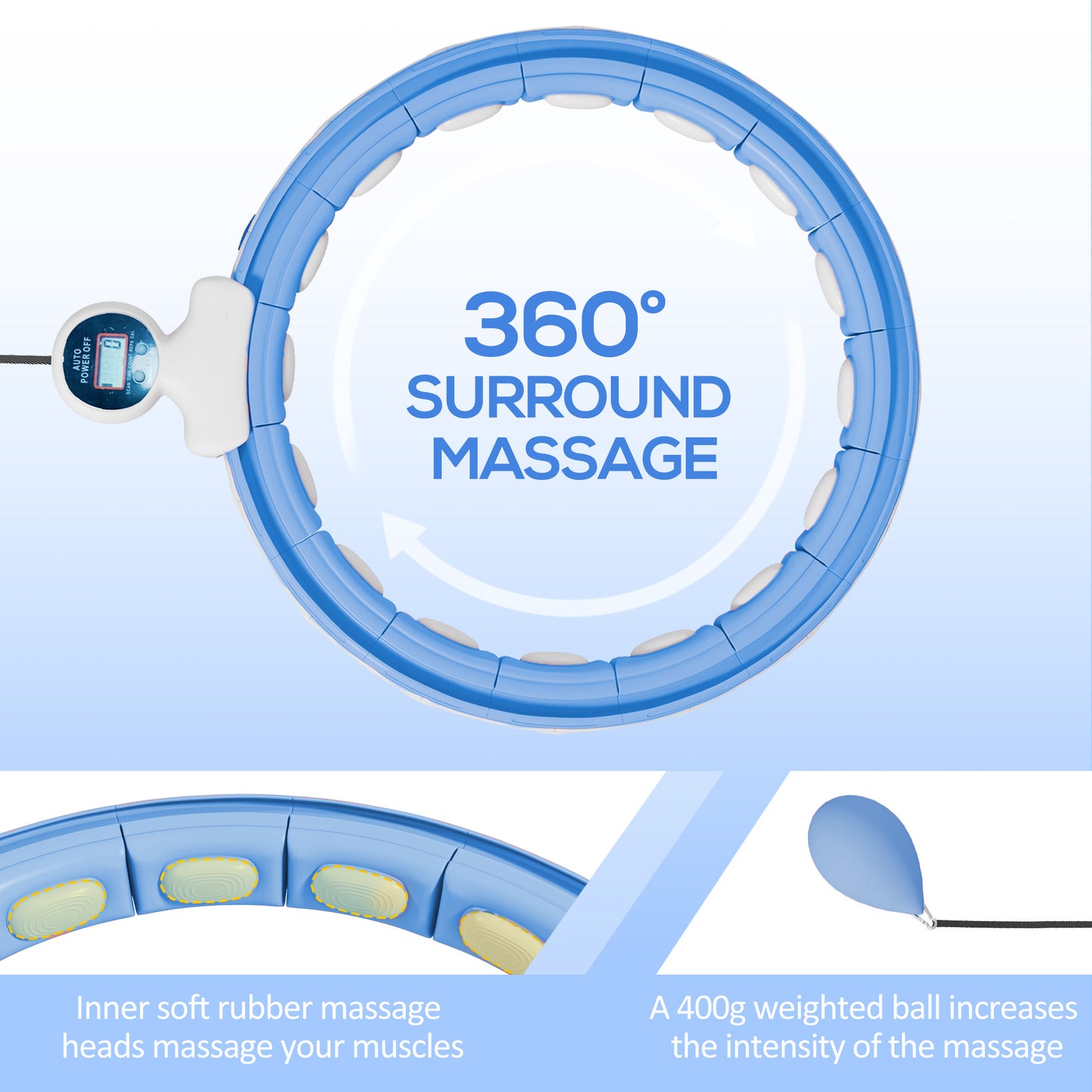 SPORTNOW Smart Weighted Hula Hoop, Massage Hula Ring w/ 16 Detachable Knots, 360Â° Auto-Rotating Ball, Digital Counter Light Blue