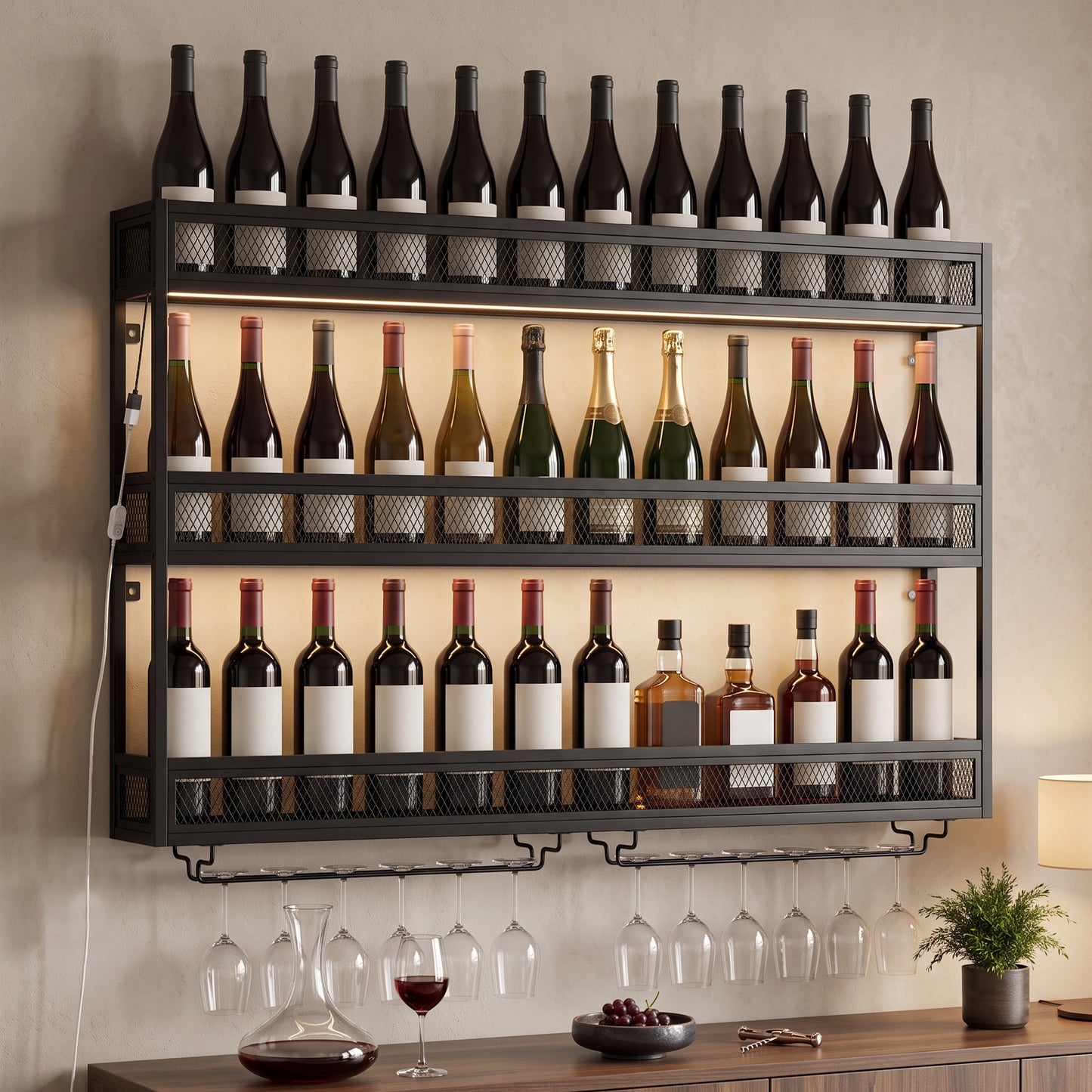 HOMCOM Wall-Mounted Wine Rack with LED Lights, Glass Holders, Open Shelf, Metal Storage Rack, Black