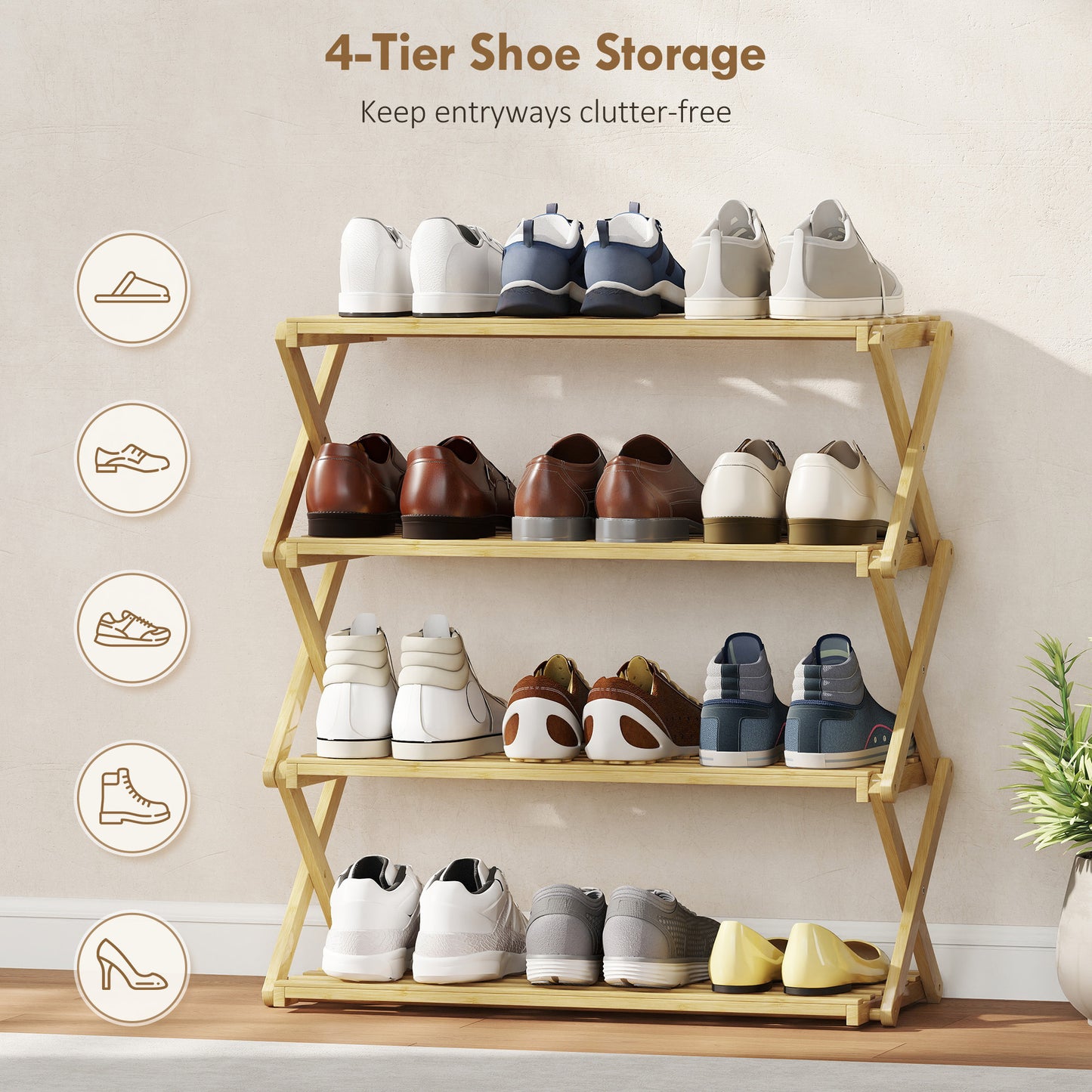 HOMCOM 4-Tier Bamboo Shoe Rack, No Assembly - Natural