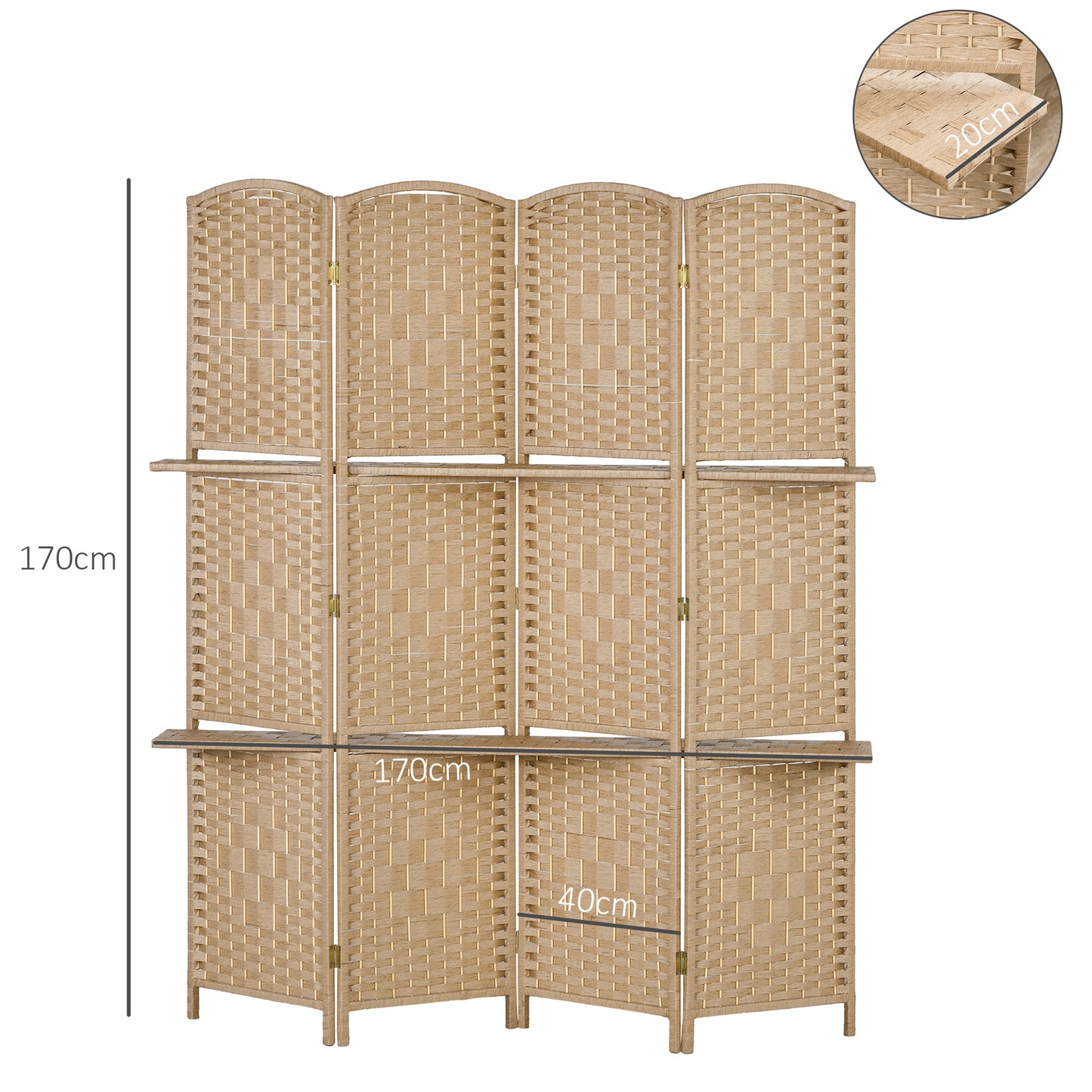 HOMCOM 4-panel room divider screen 160 x 170 cm with 2 shelves, foldable, wood