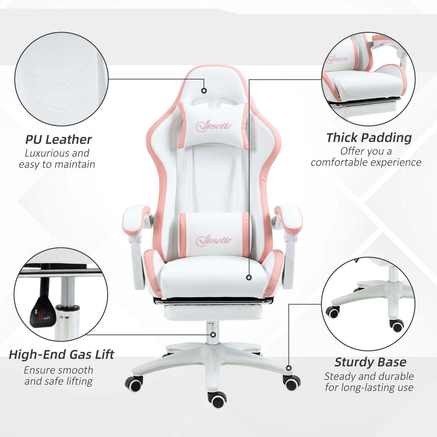 Vinsetto Computer Gaming Chair, PU Leather Office Desk Chair with Footrest, Swivel Wheels, 135Â° Reclining Back, Lumbar Support, Headrest for Home, White and Pink