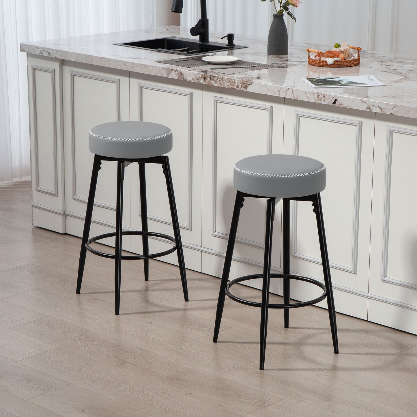 HOMCOM Set of Two Faux Leather Bar Stools - Grey/Black