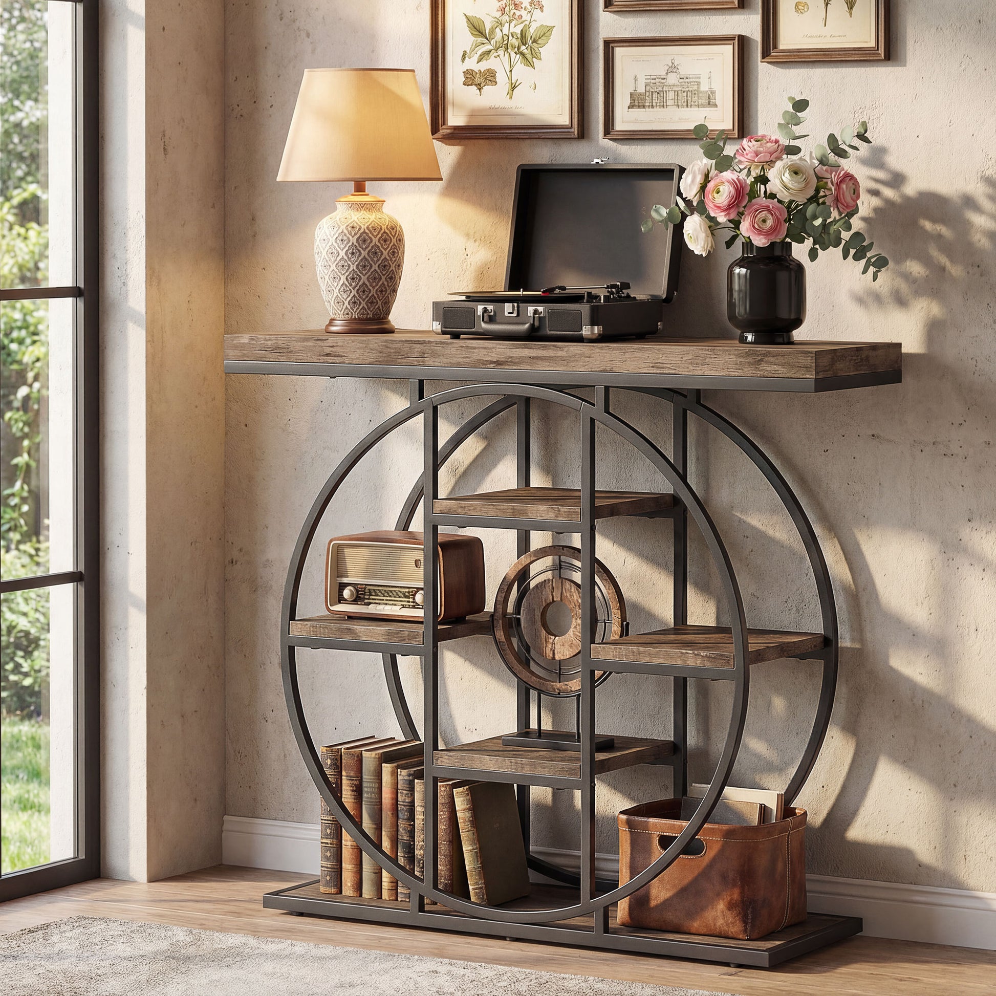 HOMCOM Industrial Console Table with Storage Shelves - Rustic Brown