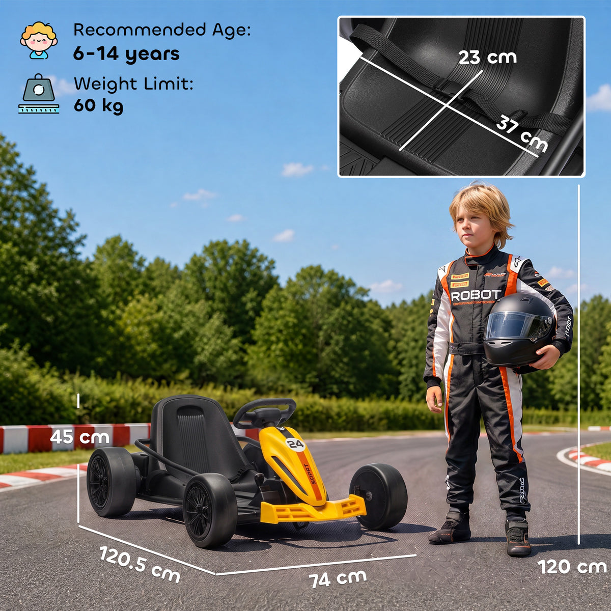 AIYAPLAY 24V Electric Go Kart for Kids, Ride On Racing Go Kart with Dual 150W Motors, 12KM/H Max Speed for Ages 6-14, Yellow